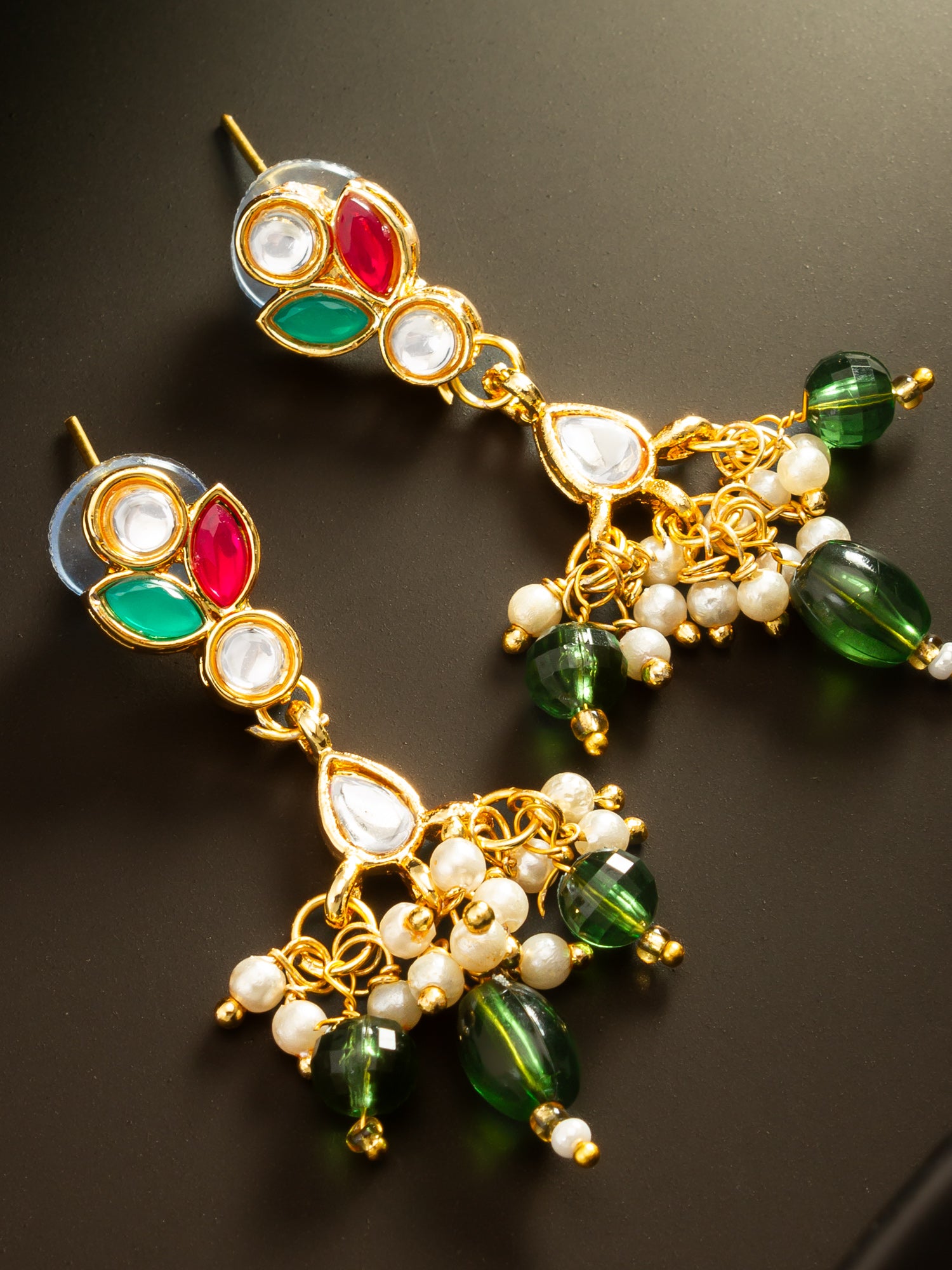 Aadita Multi-Color Kundan Gold Plated Pearl Drop Earrings