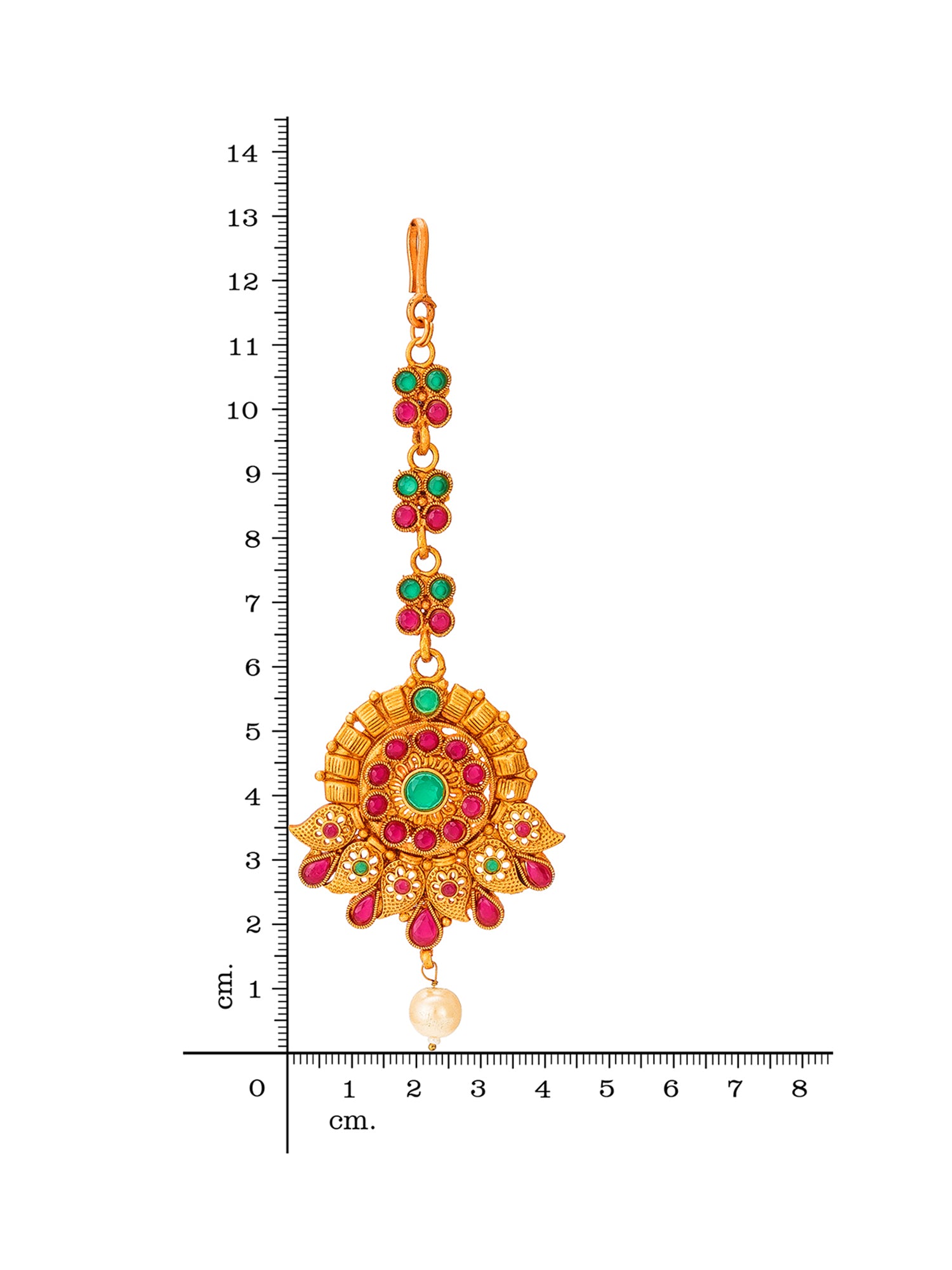 Aadita Traditional Gold Plated Pink and Green Stone Maang Tikka with Pearl Drop