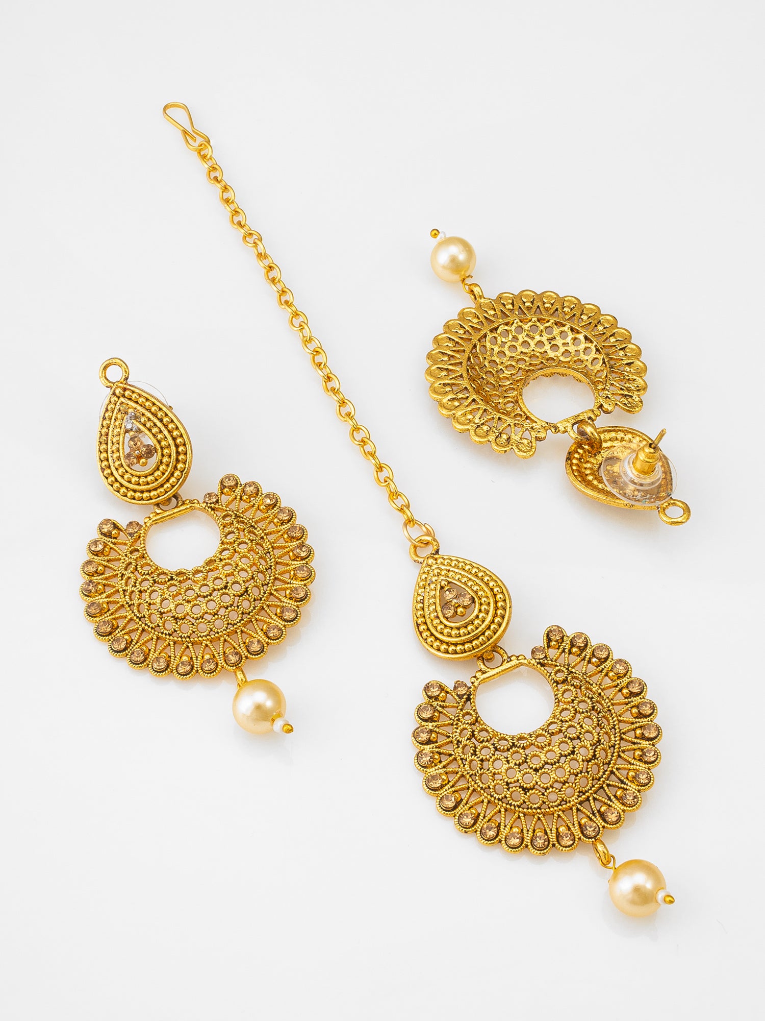 Aadita Gold Plated Traditional Pearl Maang Tikka with Earrings Set