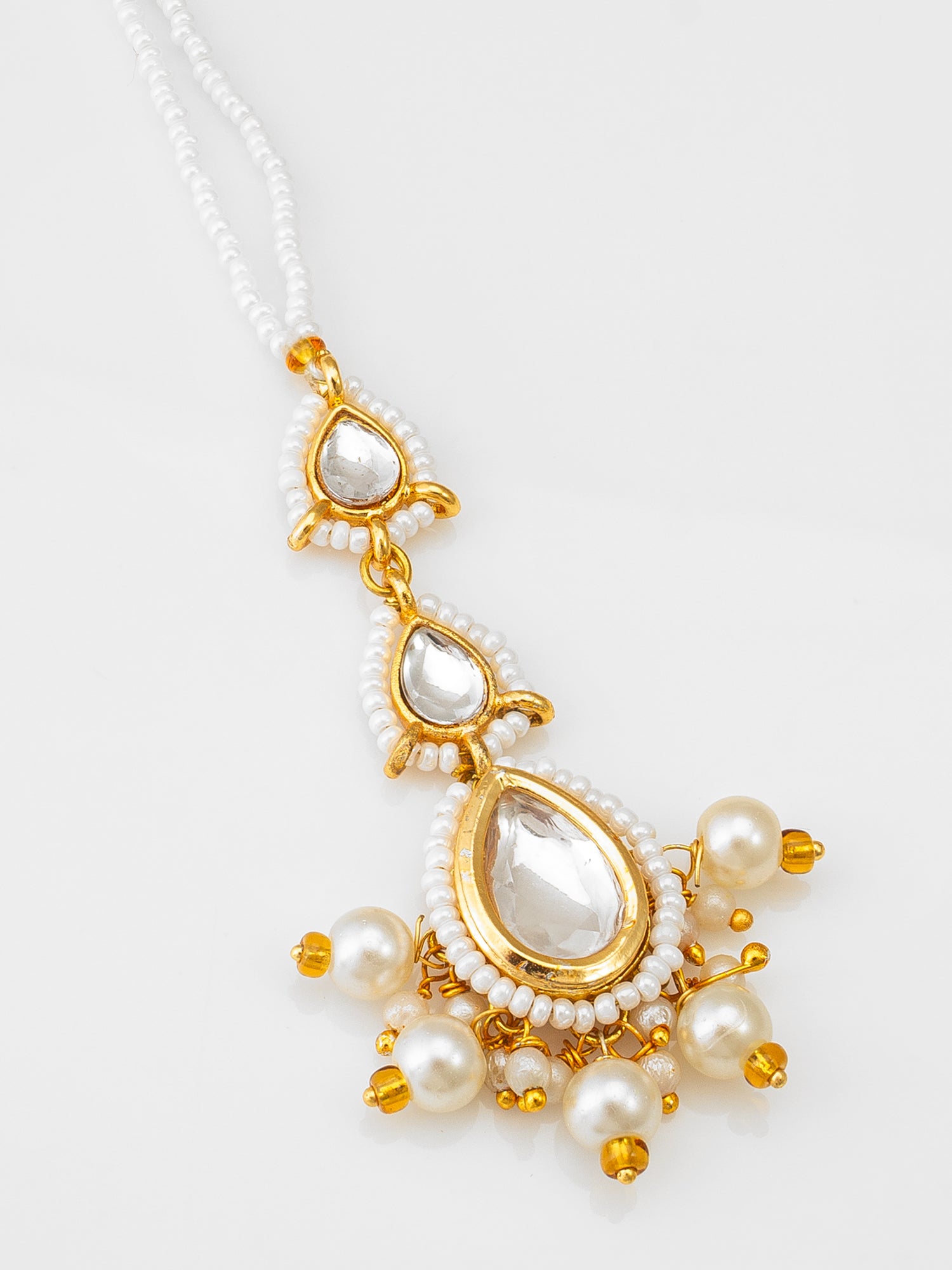 Aadita Gold Plated White Kundan and Pearl Beaded Maang Tikka for Women
