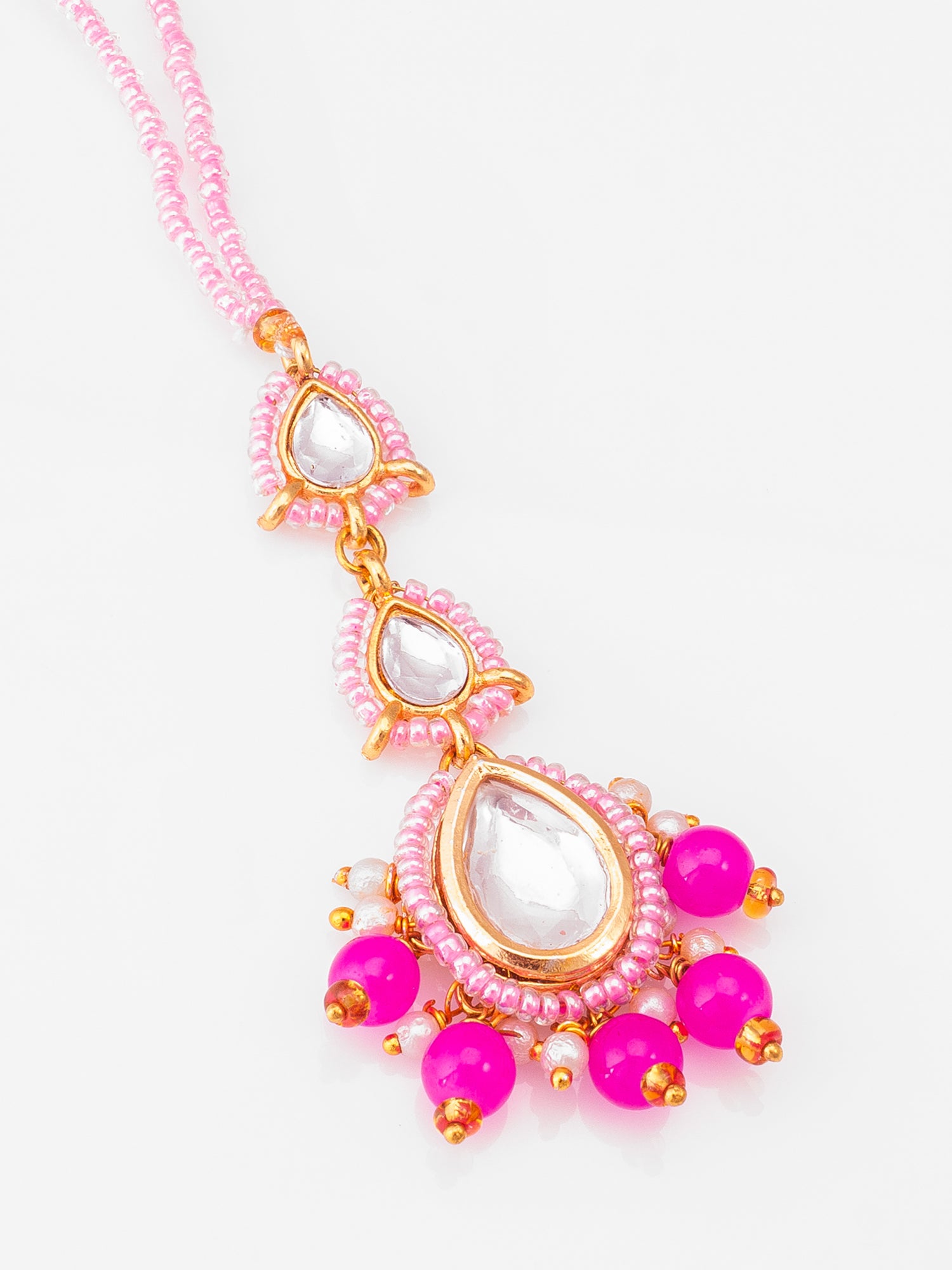 Aadita Pink Kundan Beaded Maang Tikka with Faux Pearl Drops