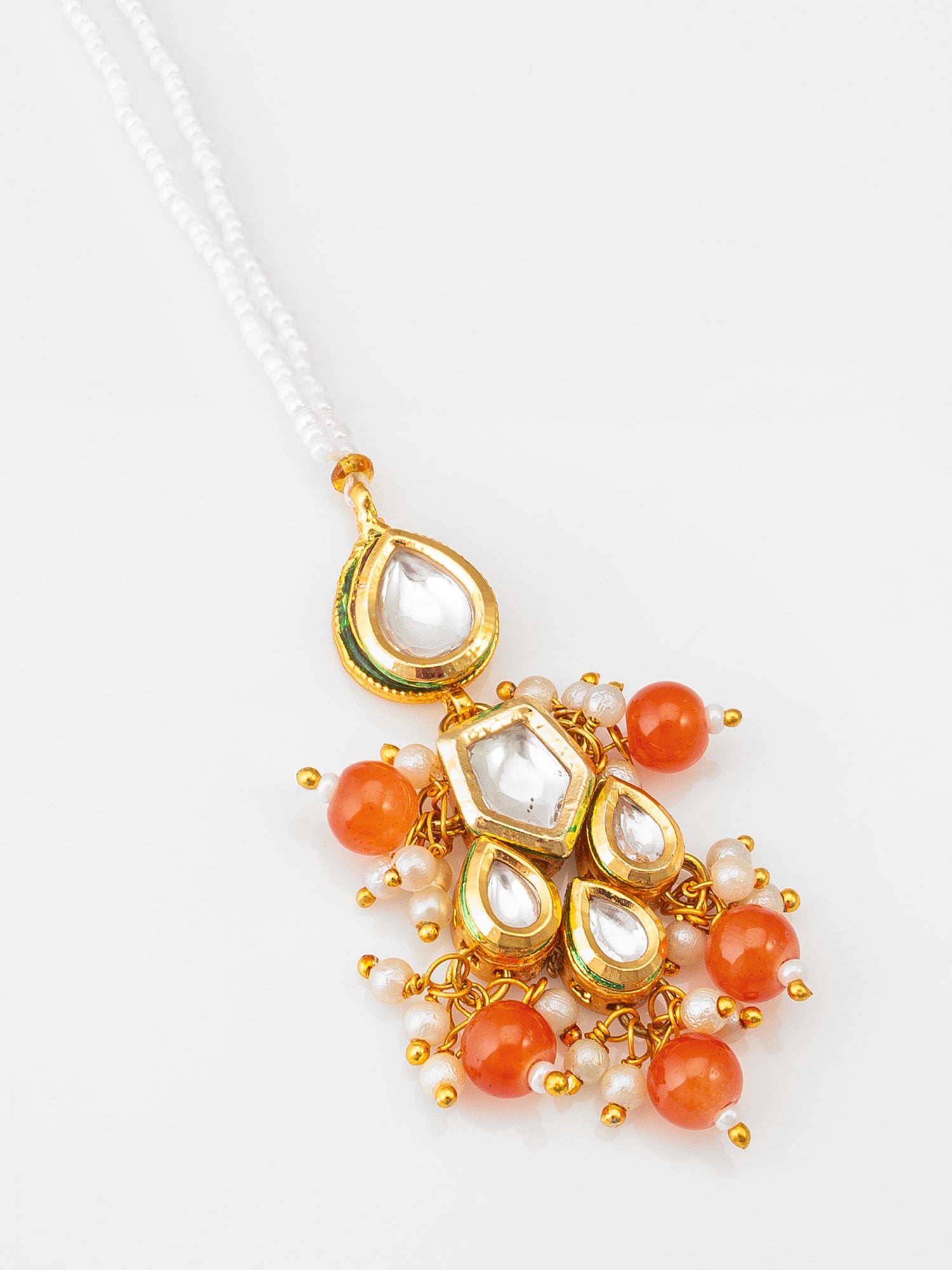 Aadita Fashion Orange Beaded Kundan Maang Tikka for Women & Girls