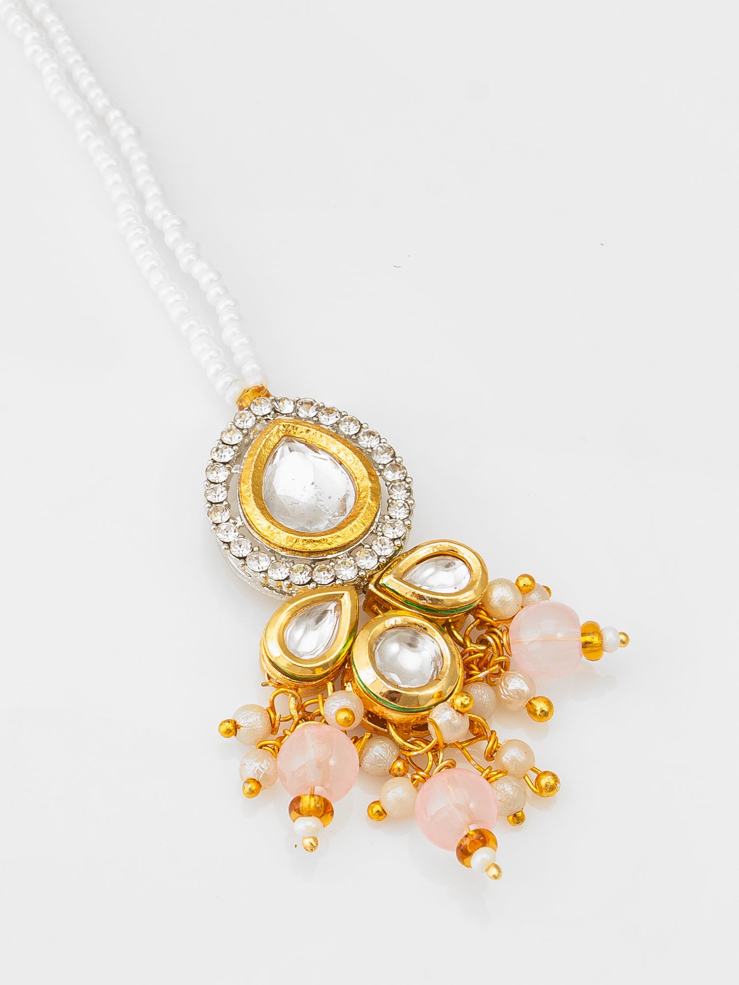 Aadita Fashion White Pearl Beaded Kundan Maang Tikka with Peach Beads