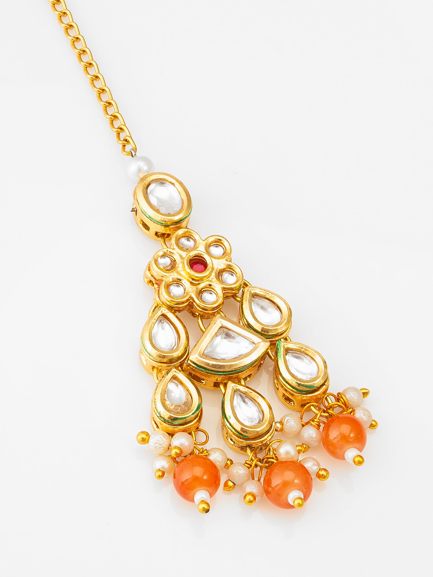 Aadita Fashion Orange Kundan Pearl Maang Tikka with Golden Chain