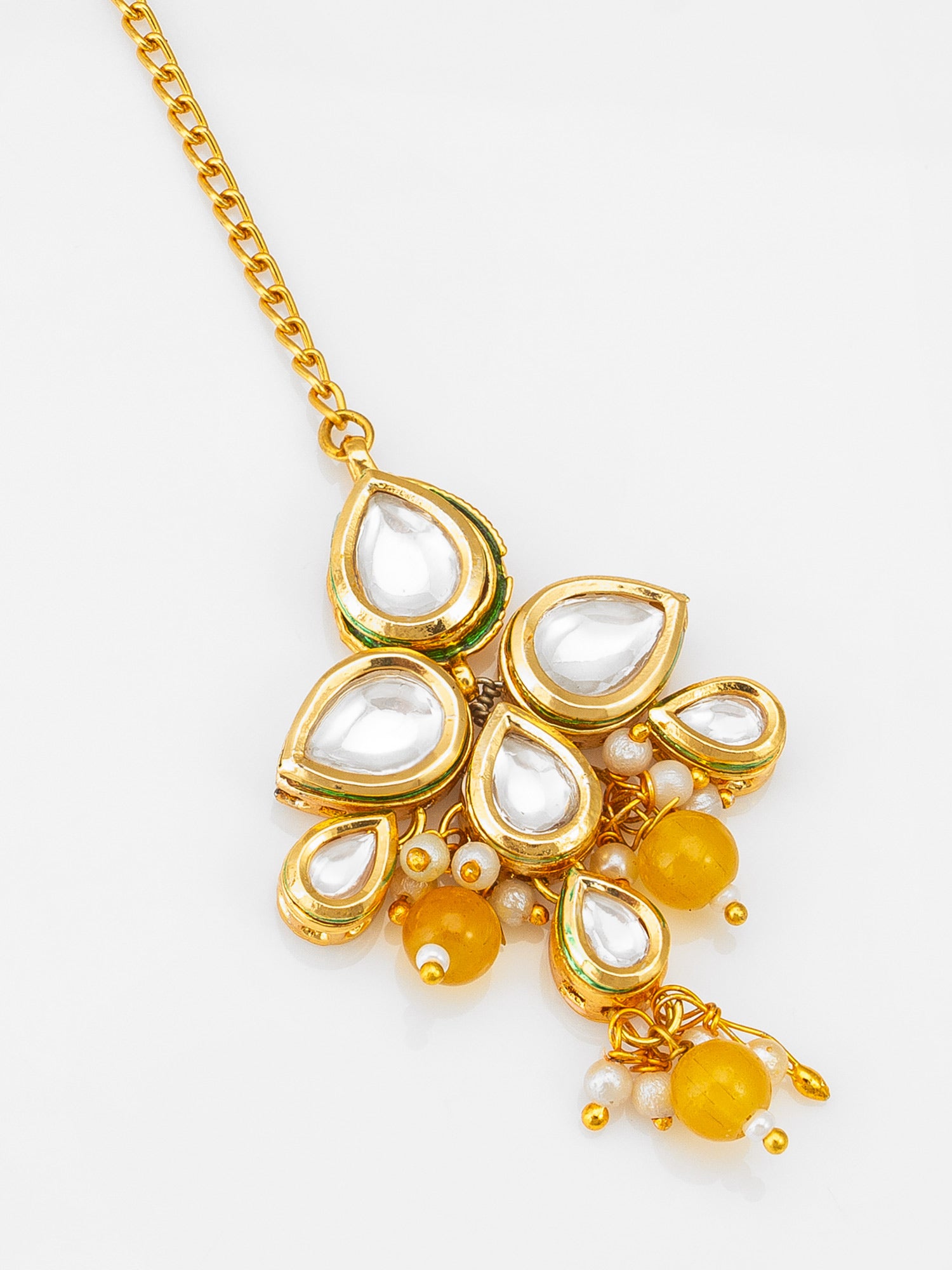 Aadita Fashion Yellow Bead Kundan Maang Tikka with Golden Chain