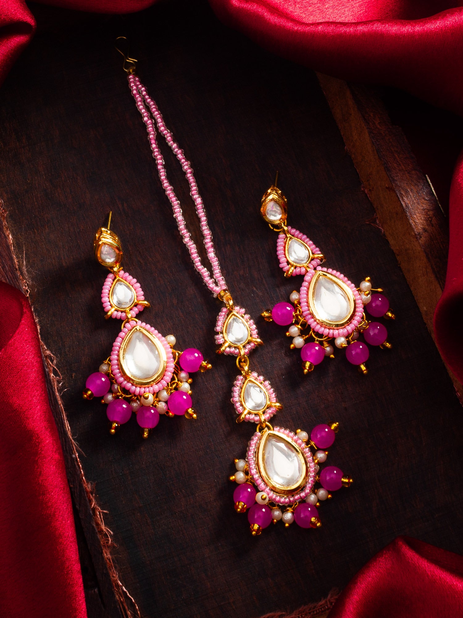 Aadita Fashion Pink Beaded Maang Tikka with Earrings for Women