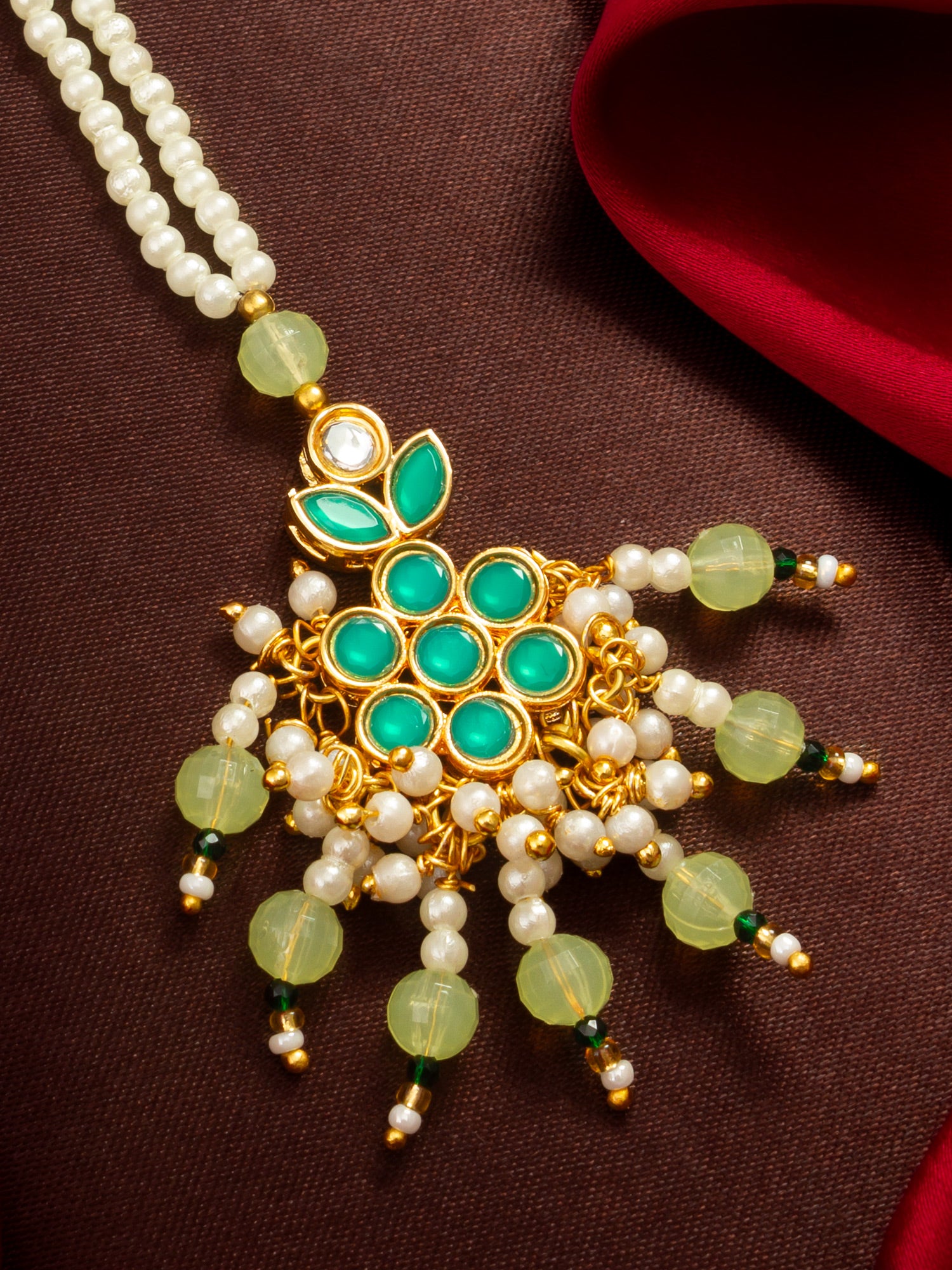 Aadita Gold Plated Teal Kundan Mangtika with Lime Bead Chain and Pearl Fringe