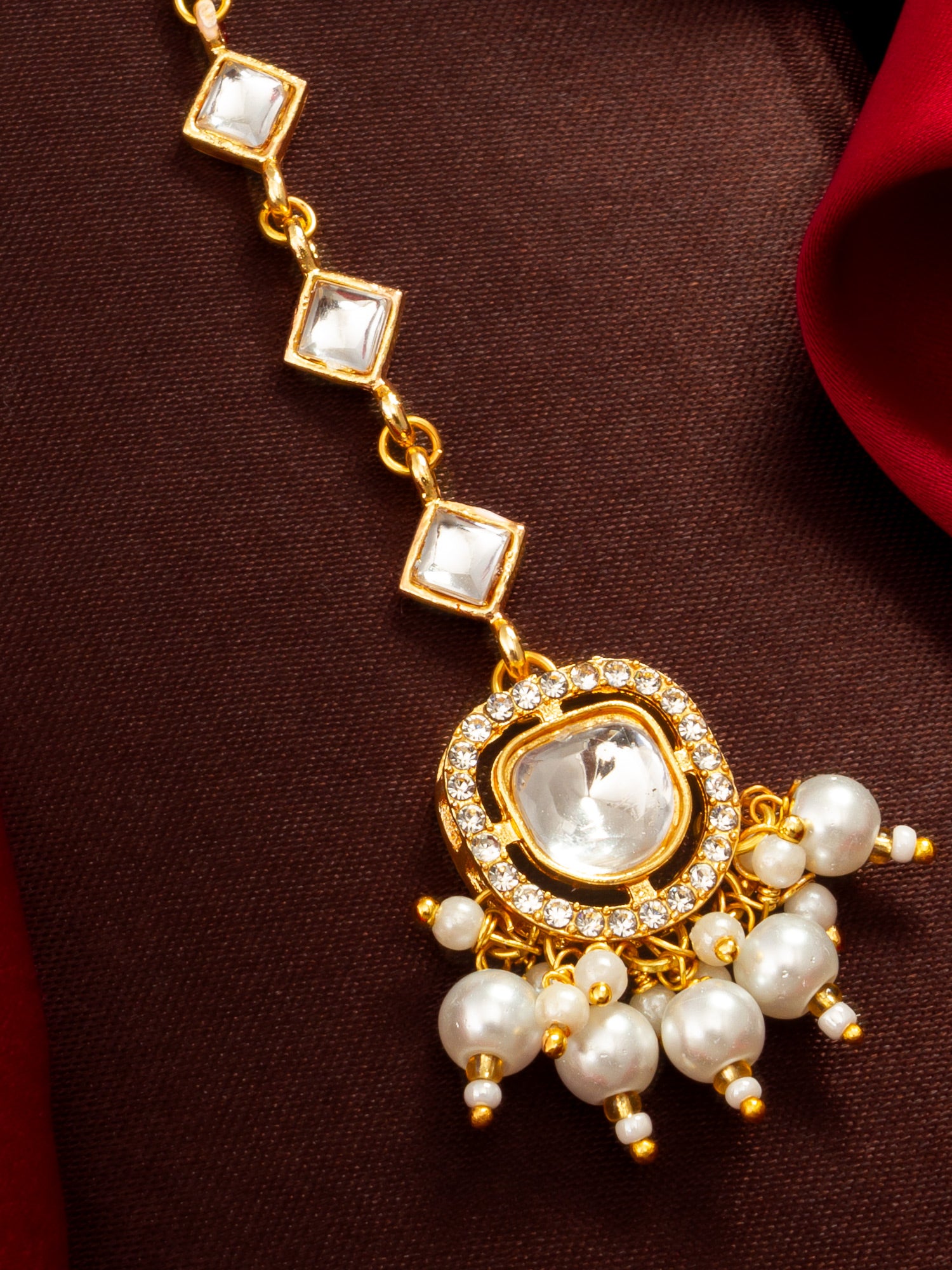 Aadita Gold Plated Square Kundan Chain Mangtika with Round Pendant and White Pearl Cluster Fringe