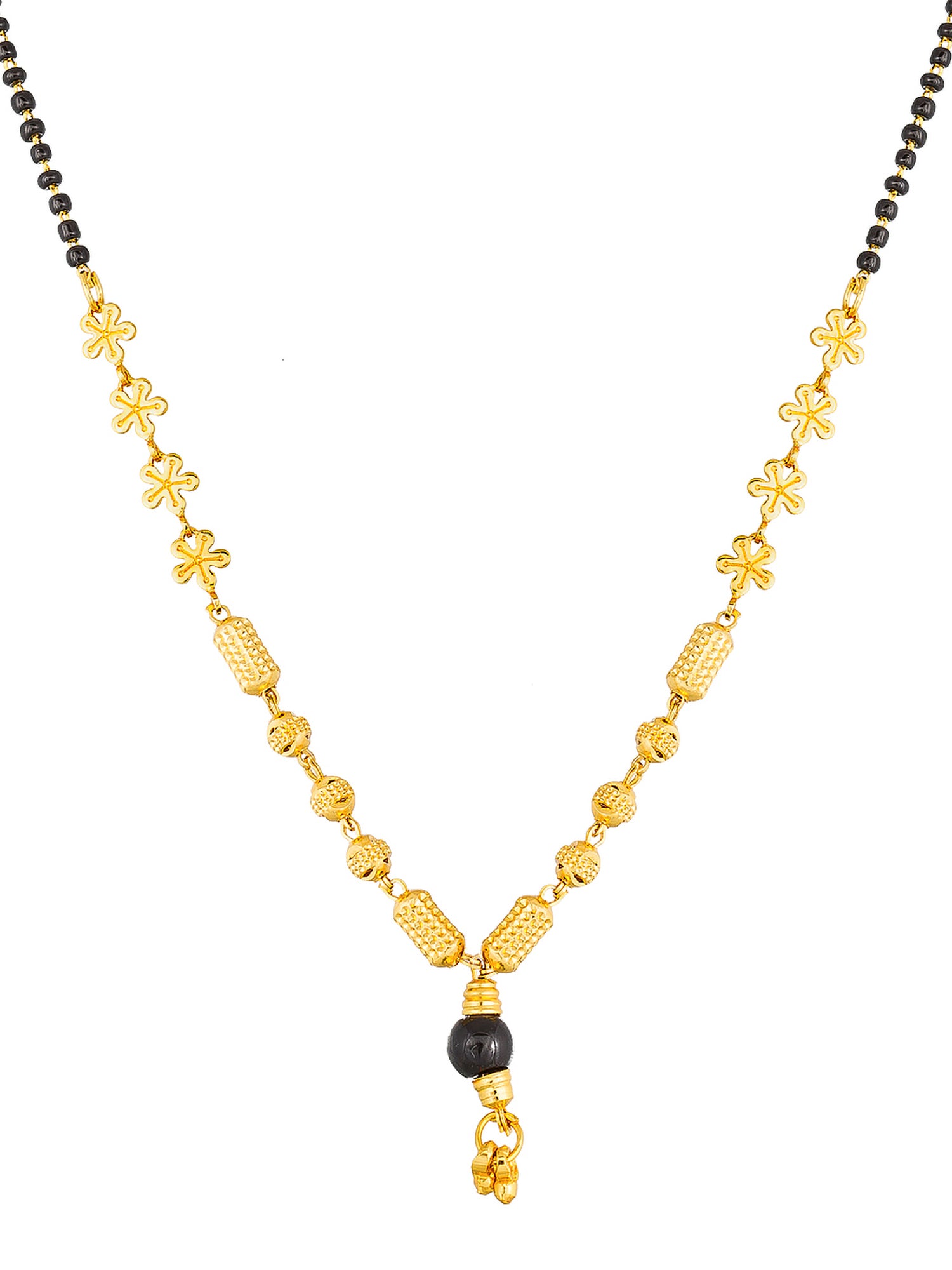 Aadita Gold-Toned Traditional Mangalsutra with Black Beads, Floral and Textured Barrel Pendants for Daily Wear