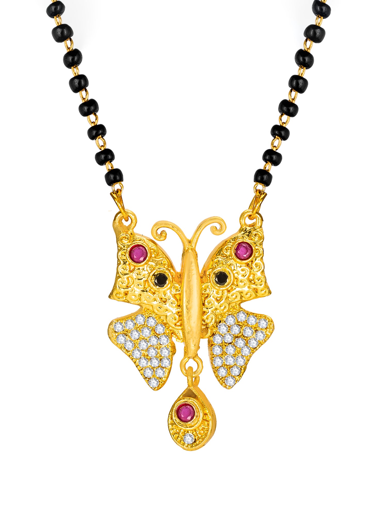 Aadita Gold-Toned Butterfly Pendant Mangalsutra with Multi-Stone and Black Beads Chain For Special Occasion