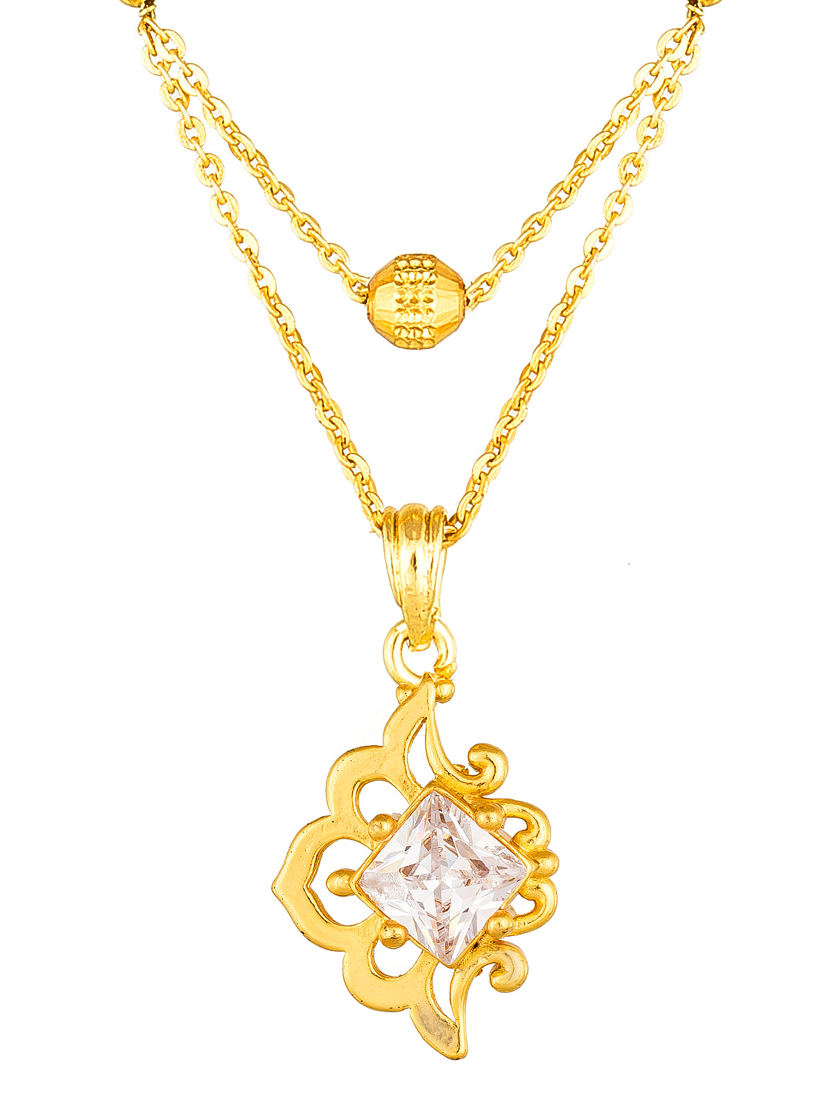 Aadita Gold-Toned Square Solitaire Mangalsutra with Filigree Scroll Pendant and Black Beads Dual Chain For Festive Wear