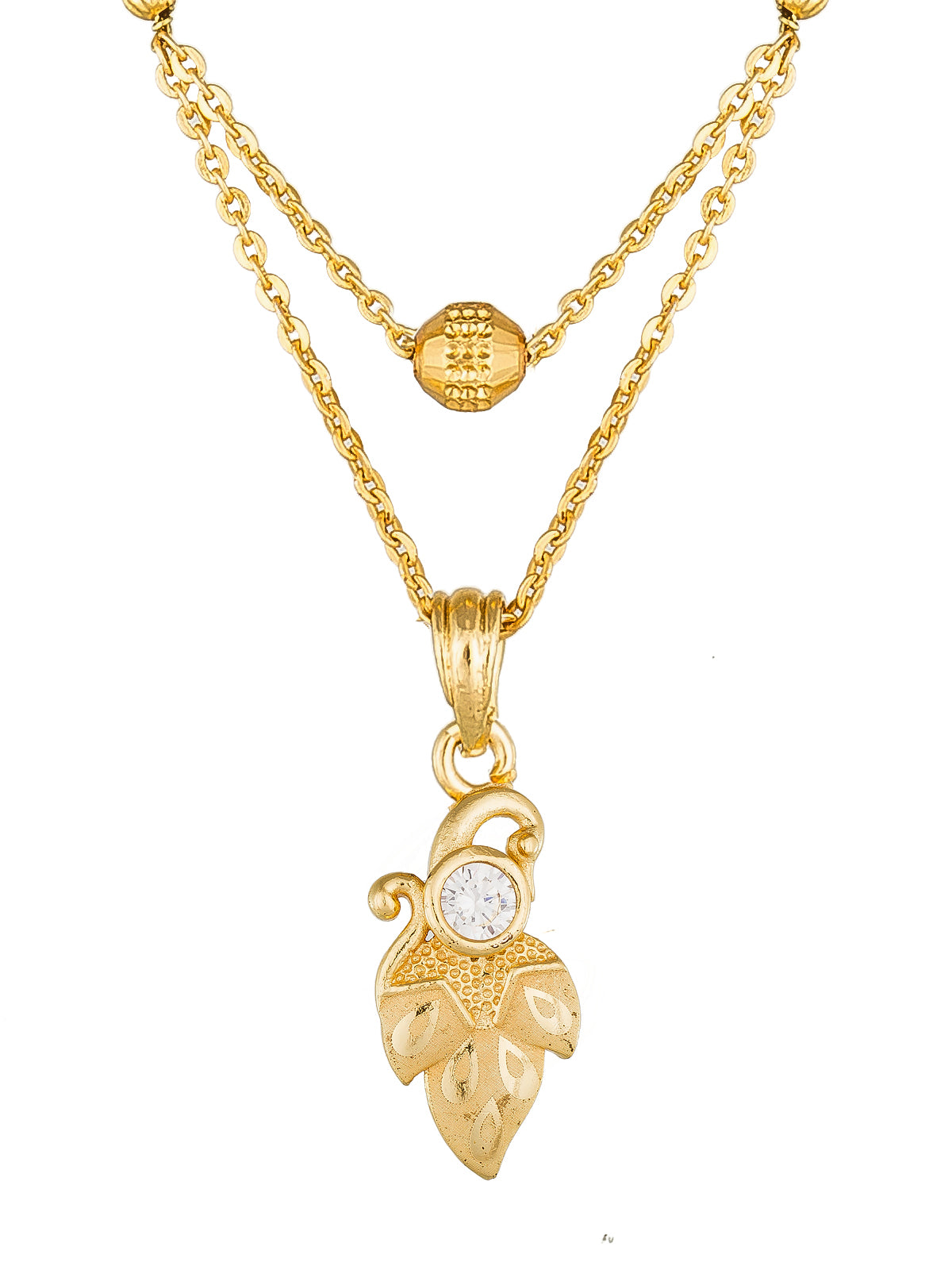 Aadita Daily Wear Gold-Toned Leaf and Scroll Mangalsutra with Single Stone Pendant and Black Beads Dual Chain