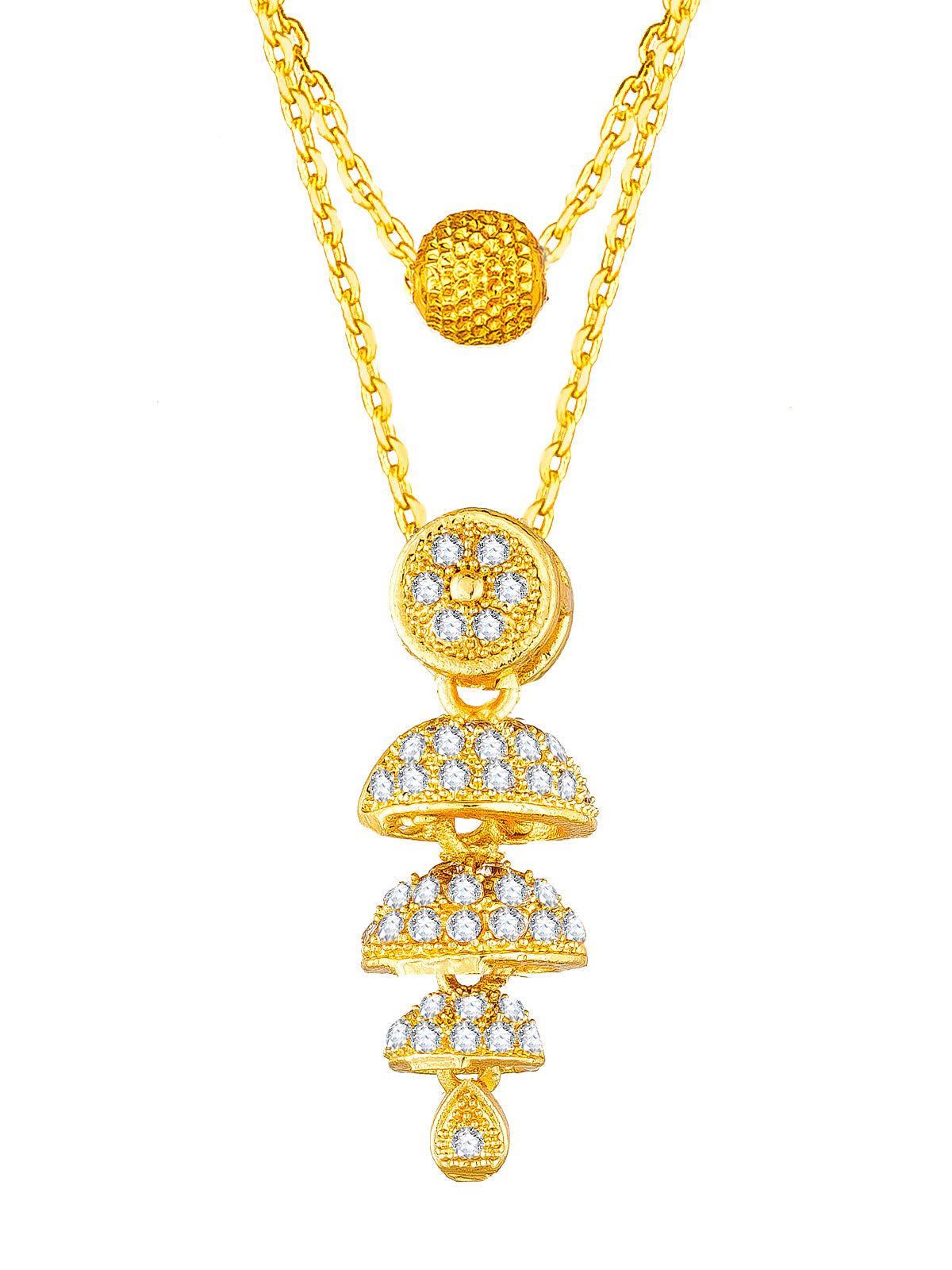 Aadita Gold-Toned Tiered Jhumka-Style Pendant Mangalsutra with Black Beads and Dual Chain For Festive