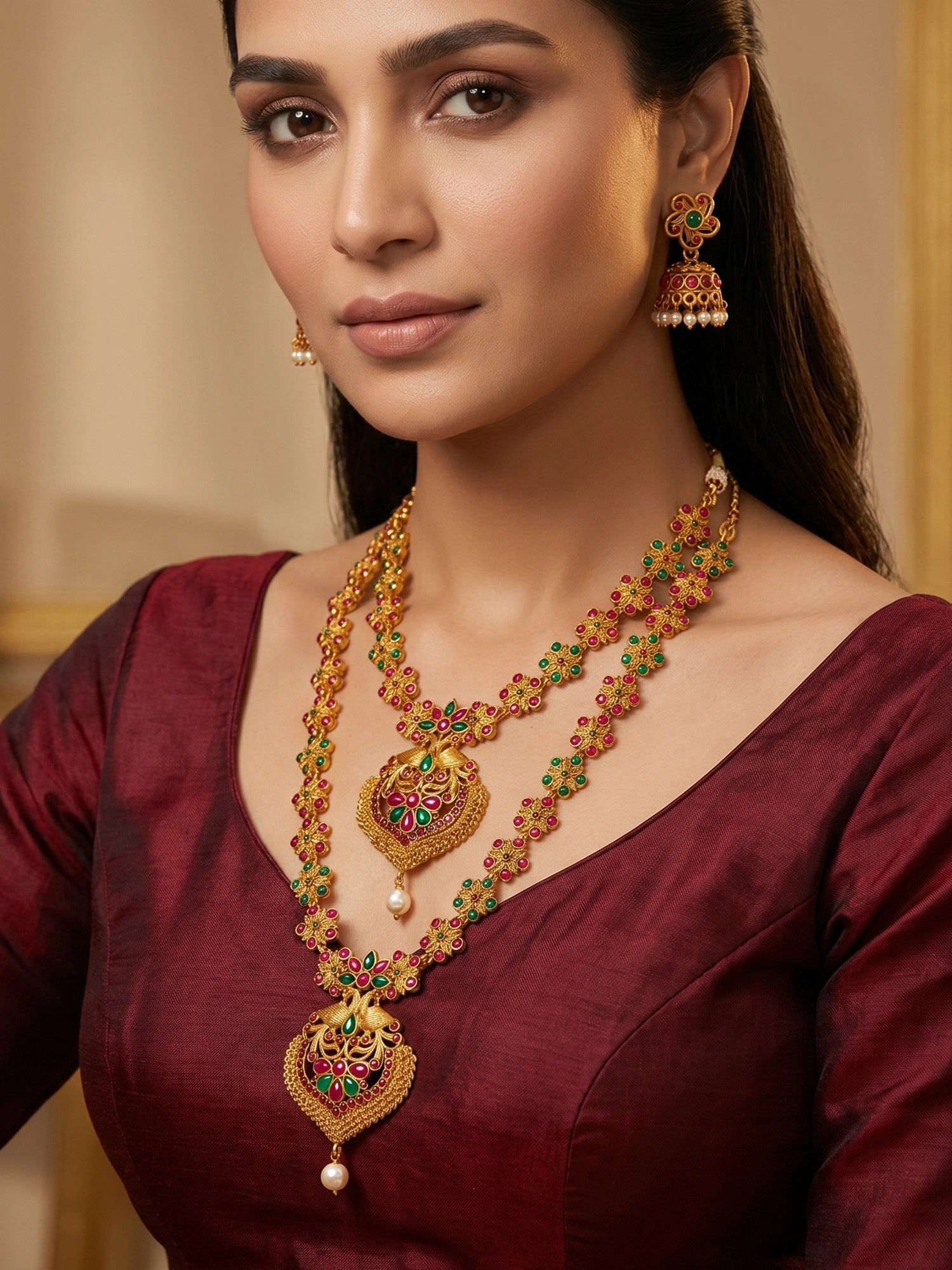 Aadita Gold-Tone Ruby and Emerald Double Layer Haram Necklace Set with Jhumka Earrings
