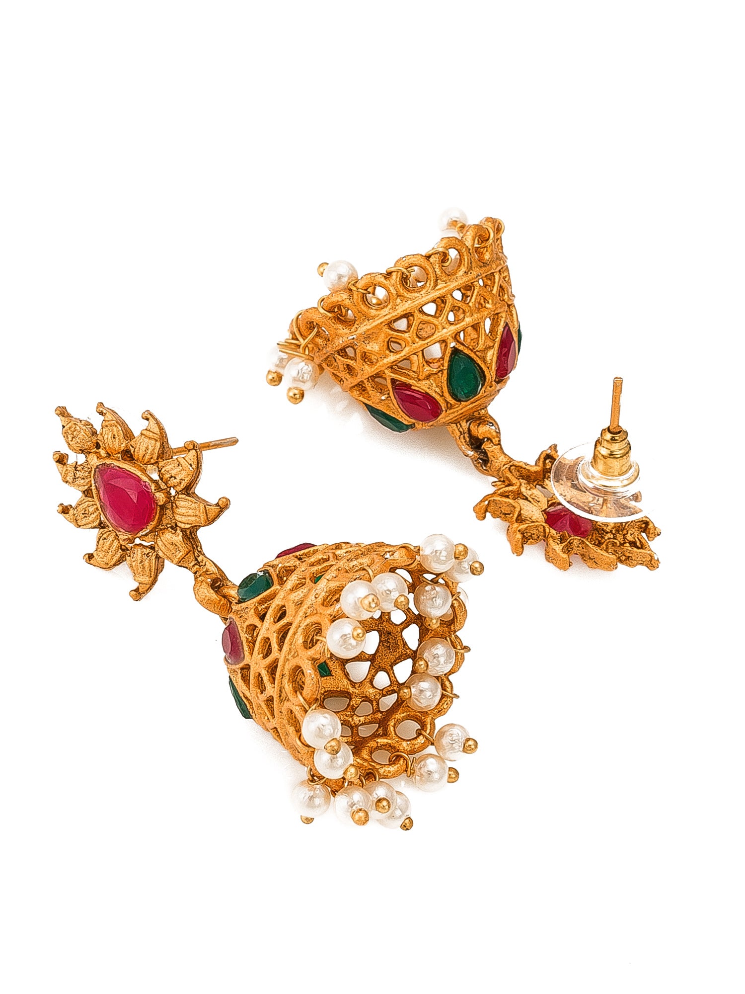 Aadita Gold-Tone Peacock Double Layer Haram Necklace Set with Emerald Stones and Jhumka Earrings