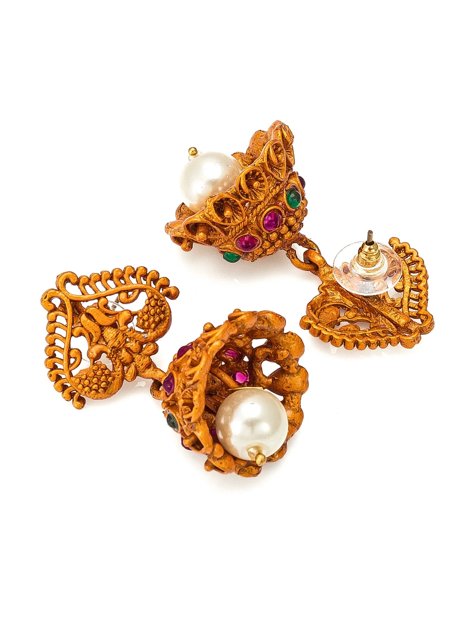 Ornate gold earrings with pearls and gemstones on a white background