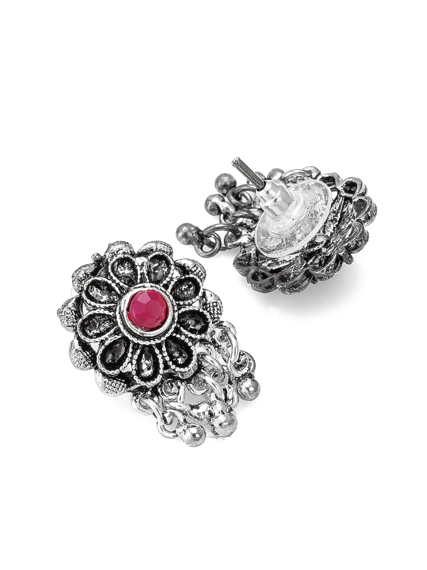 Aadita Silver-Tone Oxidized Floral Choker Necklace Set with Stone and Dangler Earrings