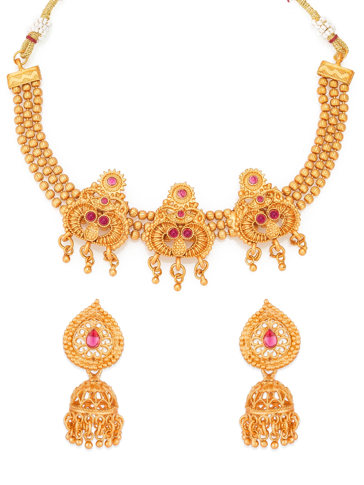Aadita South Indian wear Gold-Toned Triple Motif Multi-Strand Bead Temple Necklace Set with Lattice Jhumka Earrings