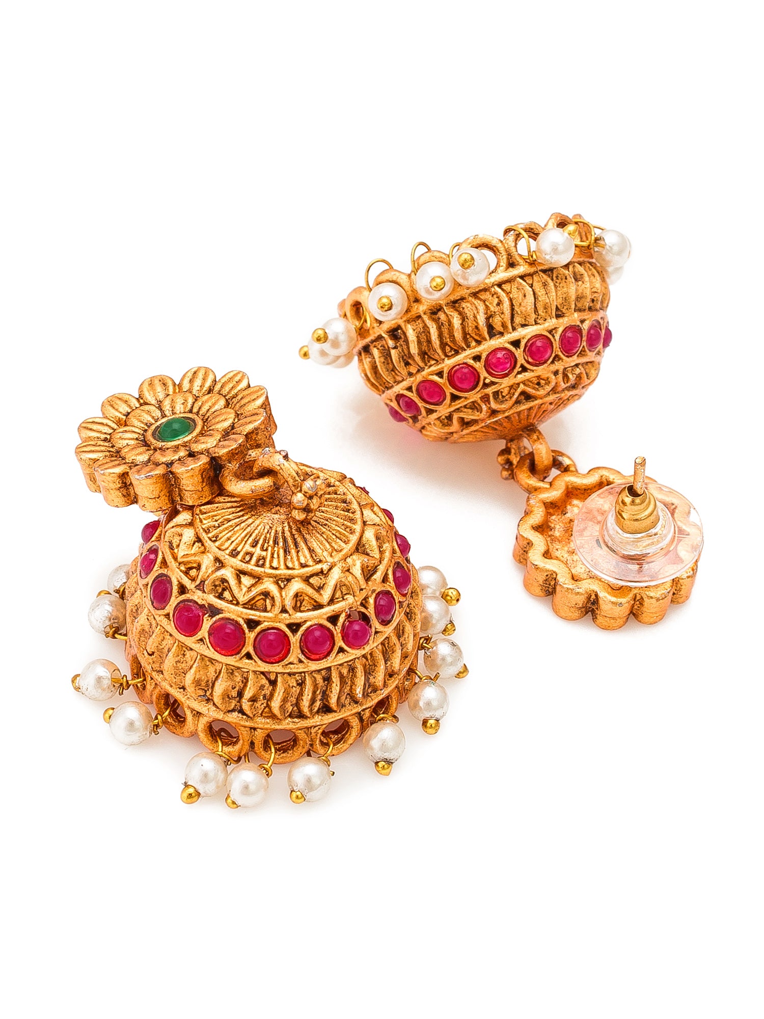 Aadita Gold-Tone Peacock Necklace Set with Emerald Stones and Jhumka Earrings