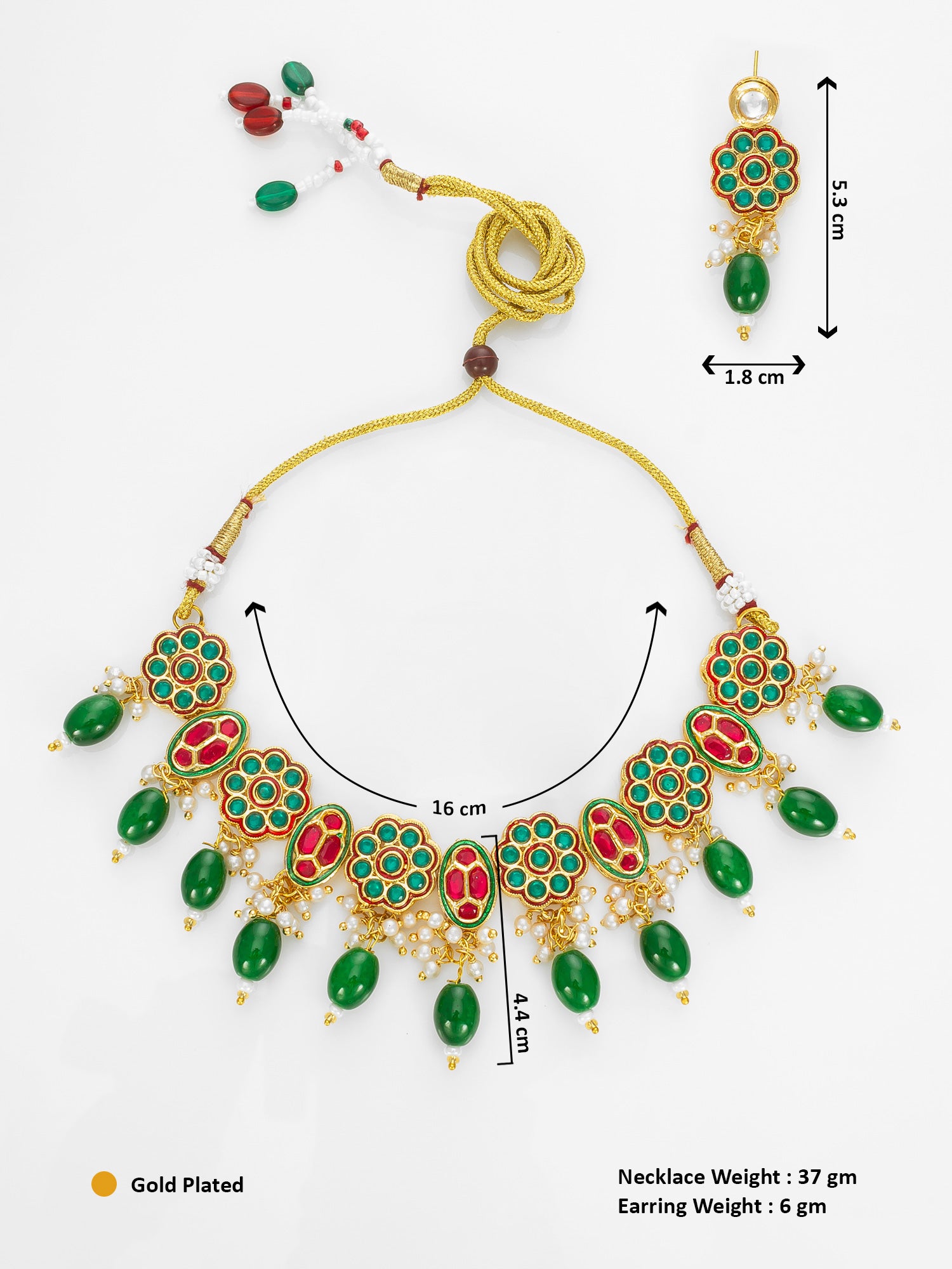 Aadita Gold Plated Red & White Kundan Beaded Traditional Necklace Set