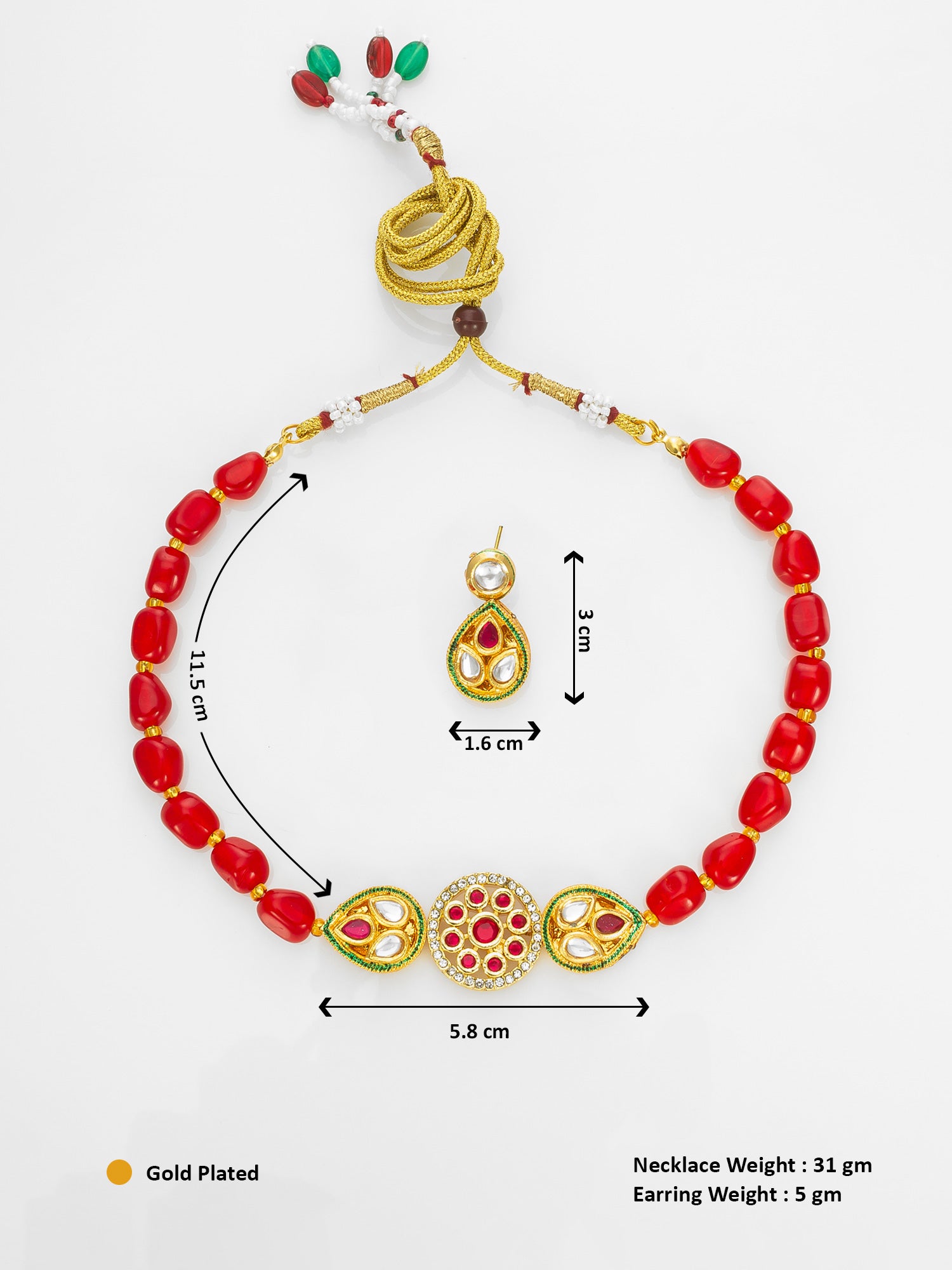 Aadita Red Beads Gold Plated Kundan Necklace Set for Women