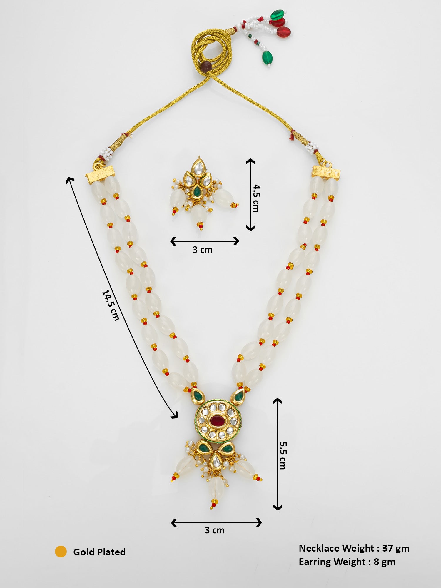 Aadita Gold Plated White Beads Kundan Necklace Set with Earrings