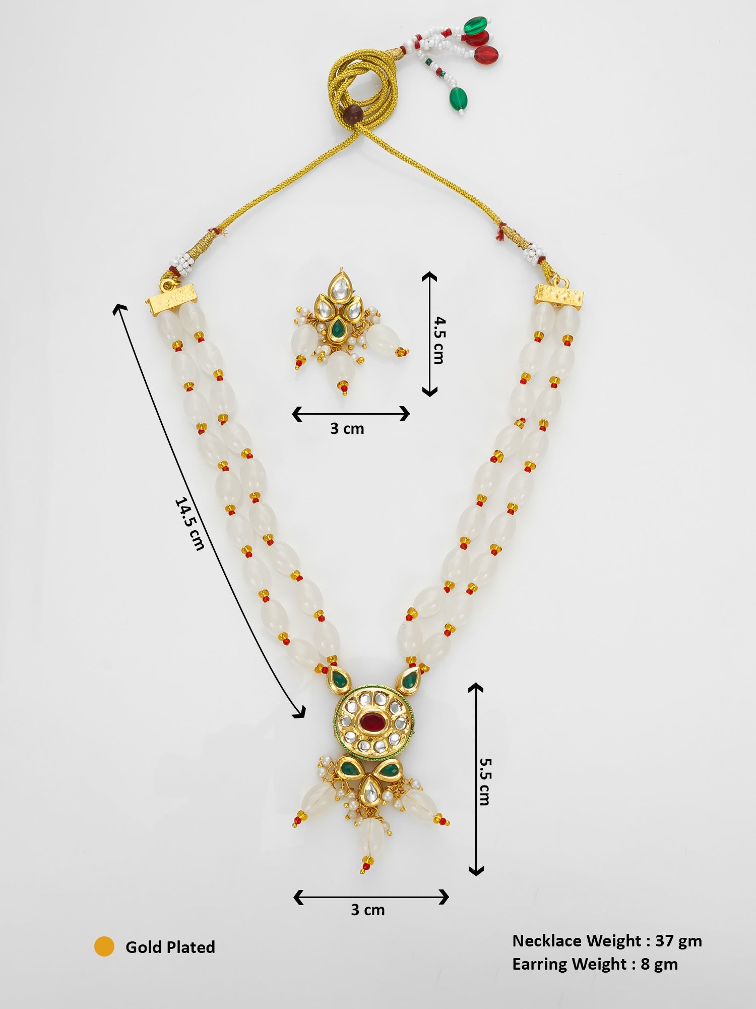Aadita Gold Plated White Beads Kundan Necklace Set with Earrings WNK4761