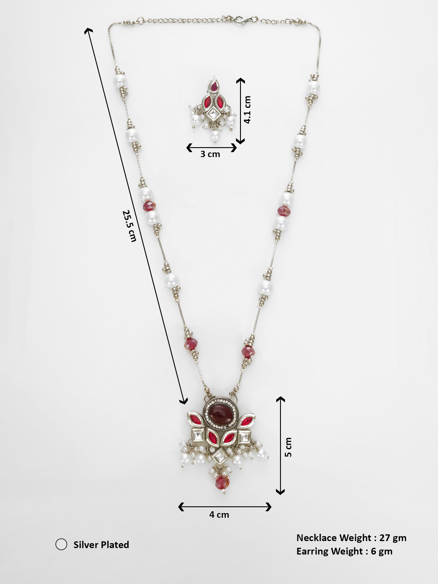 Aadita Silver Plated Red & White Kundan Pearl Beaded Necklace Set