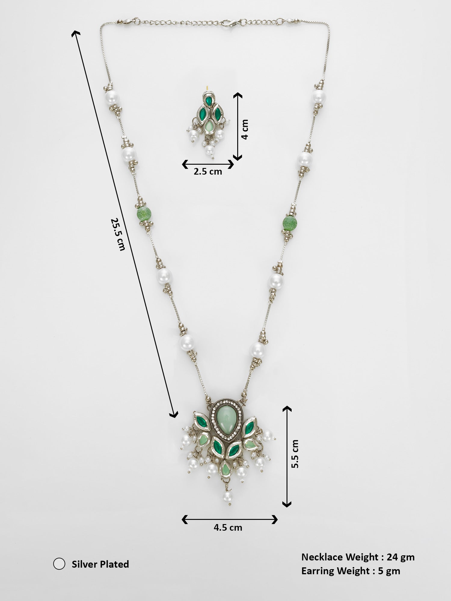 Aadita Silver Plated Green & White Beaded Kundan Pearl Necklace Set