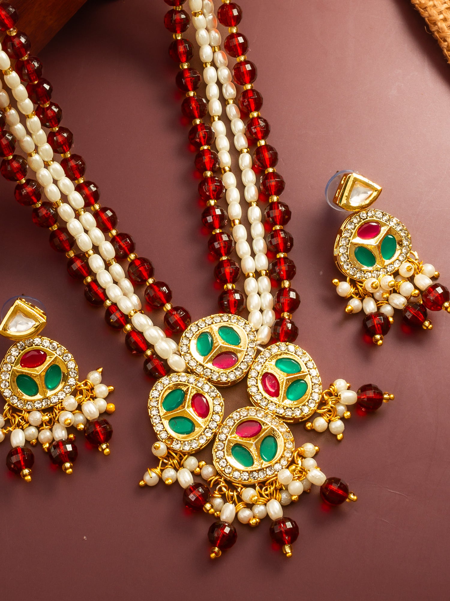 Aadita Ruby Red and Pearl Multi-Strand Kundan Long Necklace Set