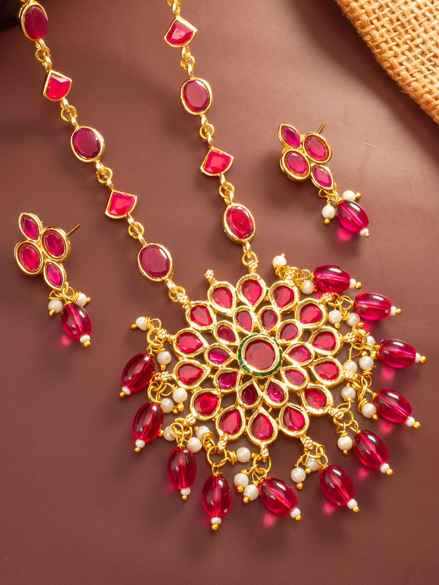 Aadita Gold Plated Ruby Red Floral Pendant Necklace Set