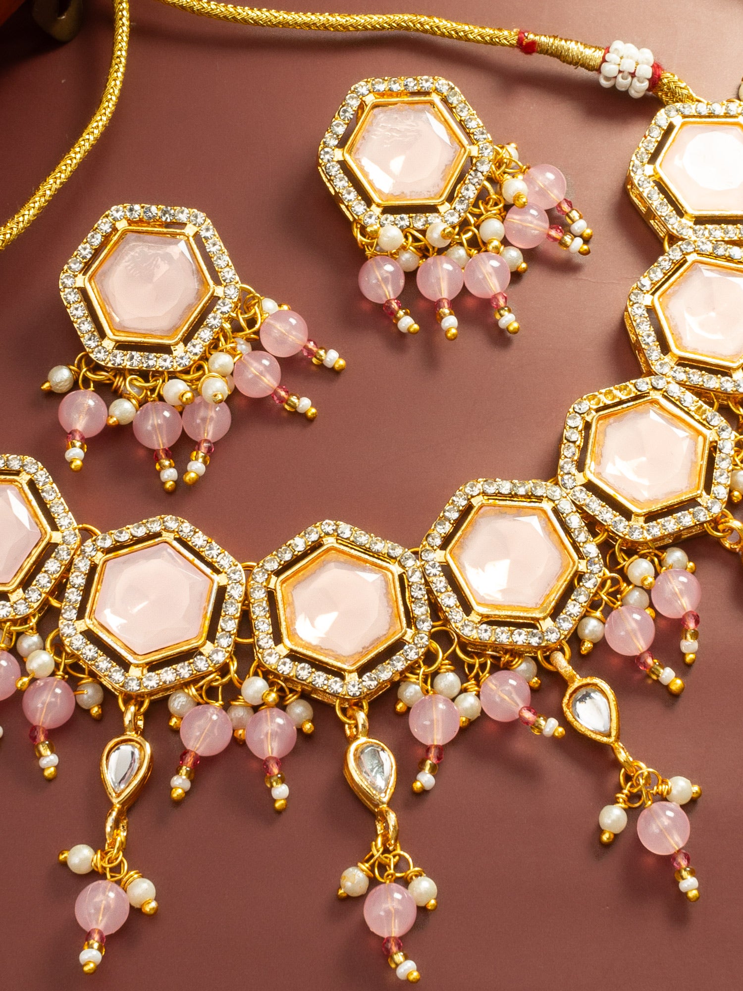 Aadita Gold Plated Pink Hexagonal Stone Choker Necklace Set with Earrings