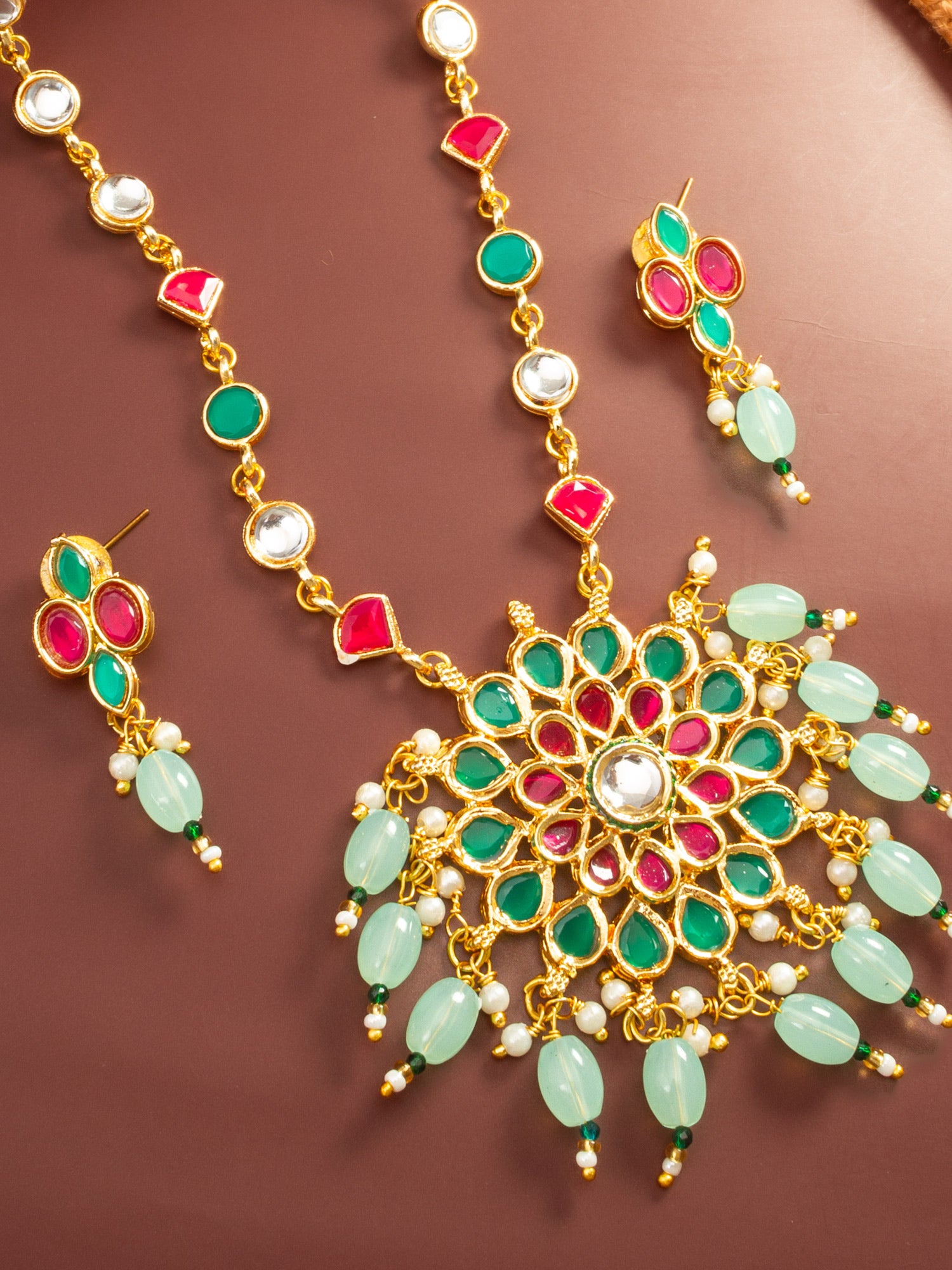 Aadita Gold Plated Kundan Necklace Set with Green and Pink Stones and Bead Droplets