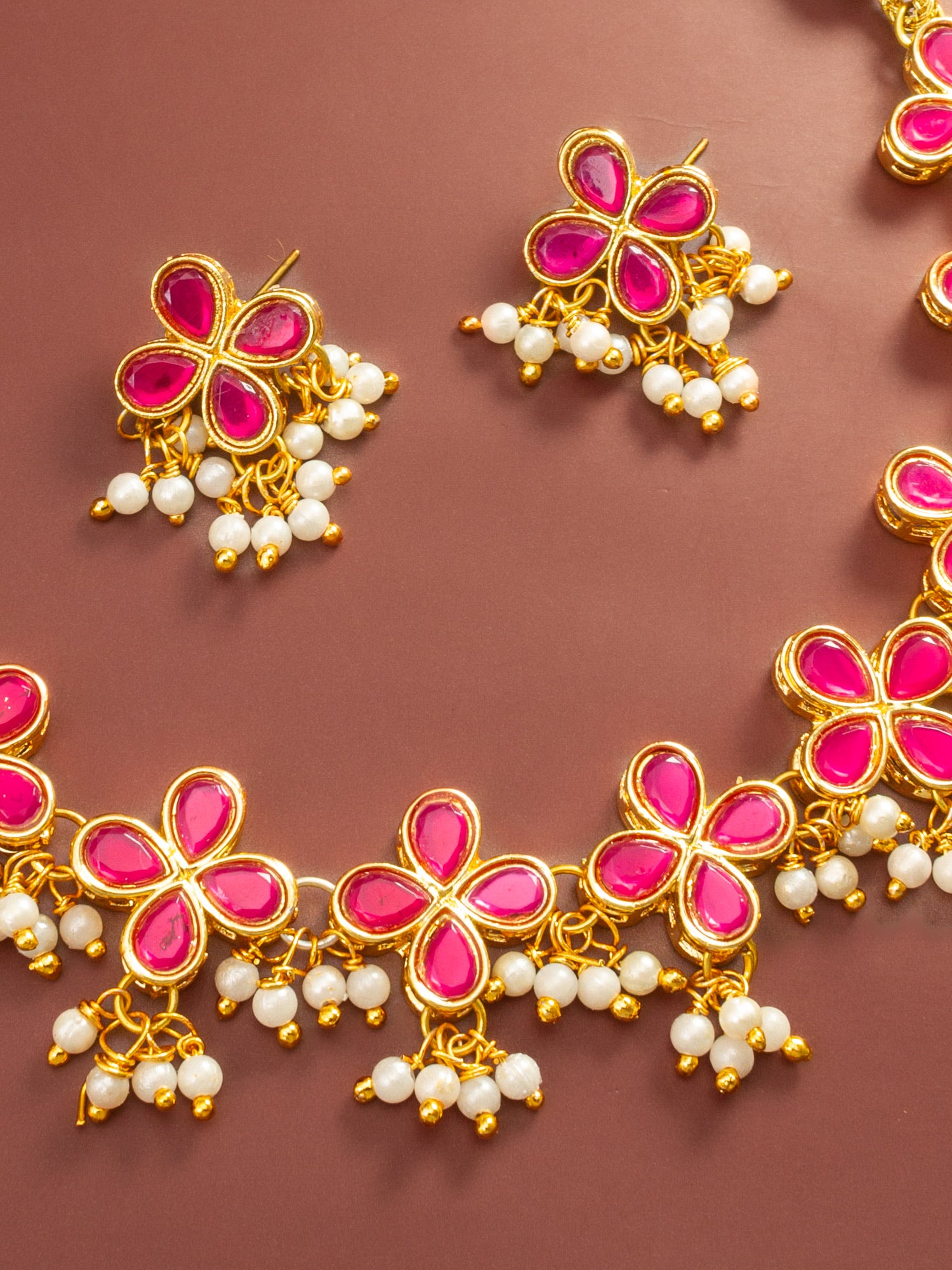 Aadita Gold Plated Pink Floral Kundan Necklace Set with Pearl Clusters