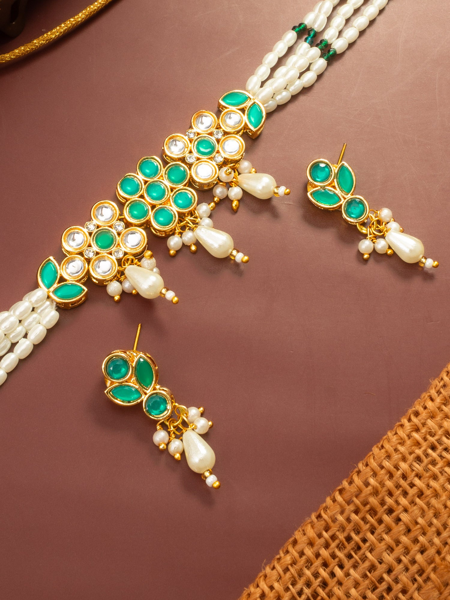 Aadita Gold Plated Multi Strand Pearl Bead Choker with Green Kundan Pendant