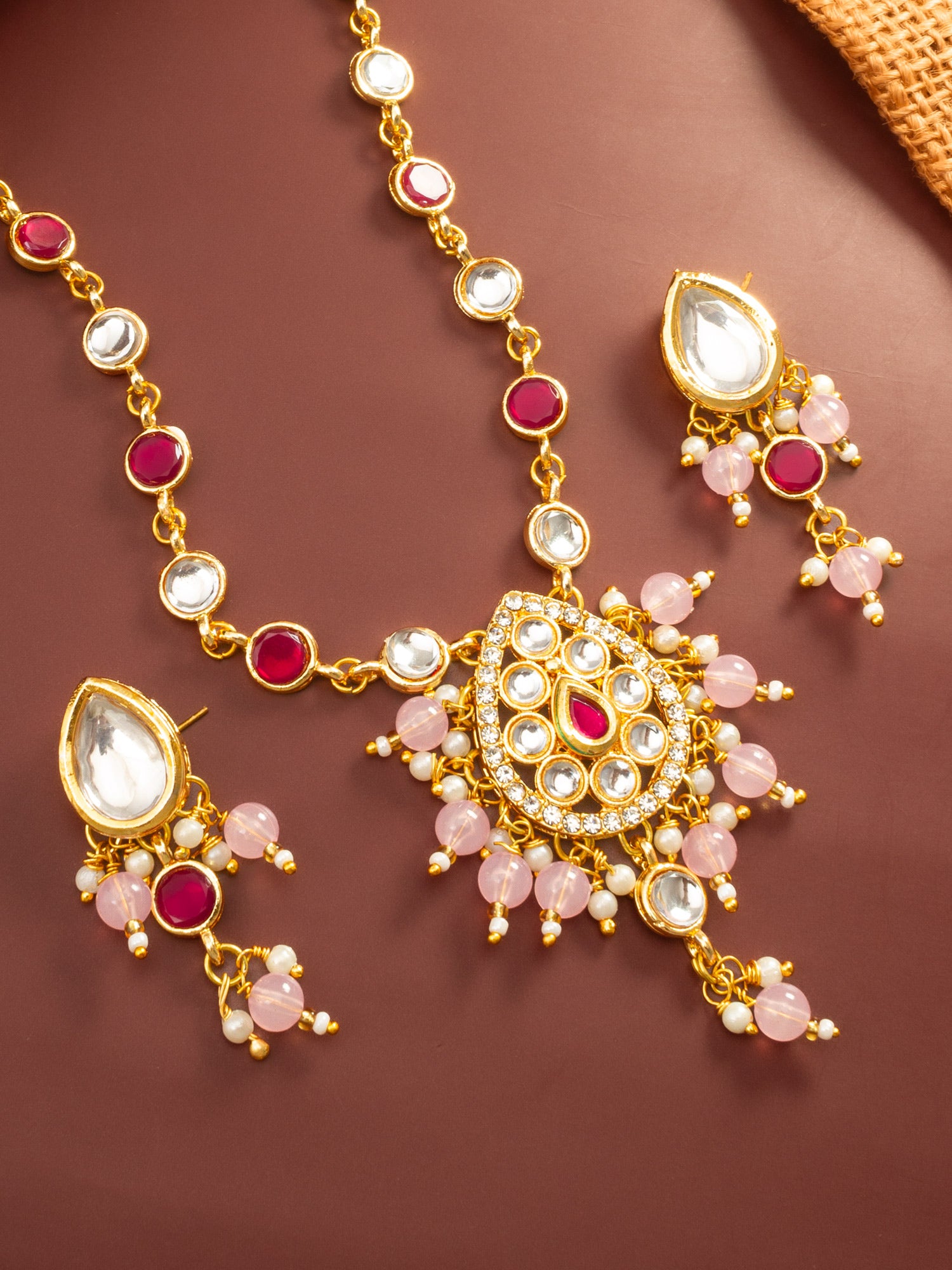 Aadita Ruby Red and Pink Bead Gold Plated Kundan Pendant Necklace Set