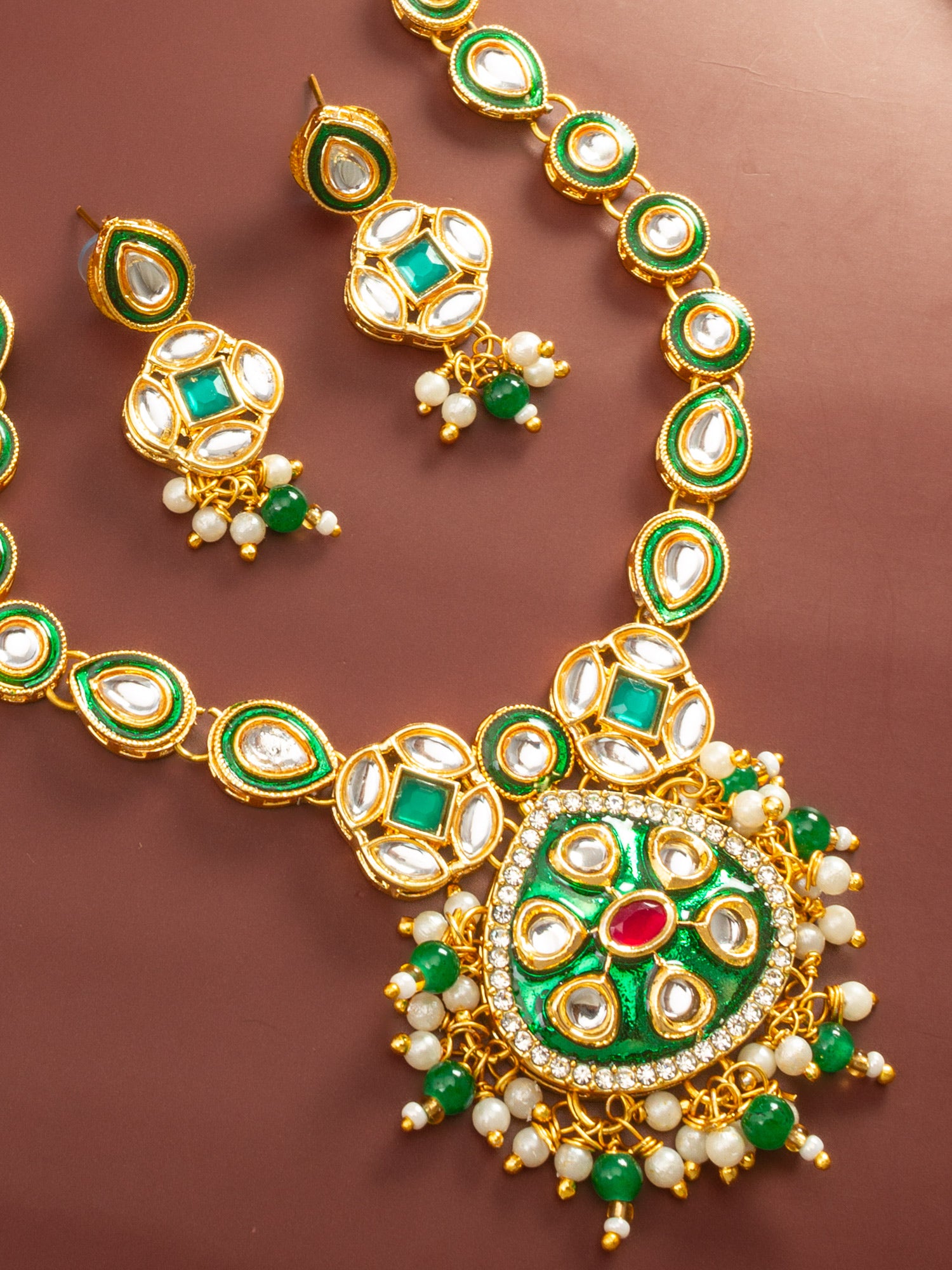 Aadita Green Enamel Meenakari and Kundan Gold Plated Necklace Set