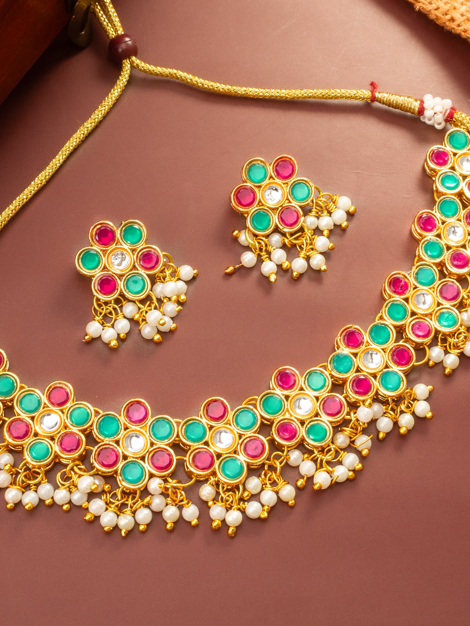 Aadita Multi-Color Kundan Gold Plated Choker Necklace with Pearl Hangings