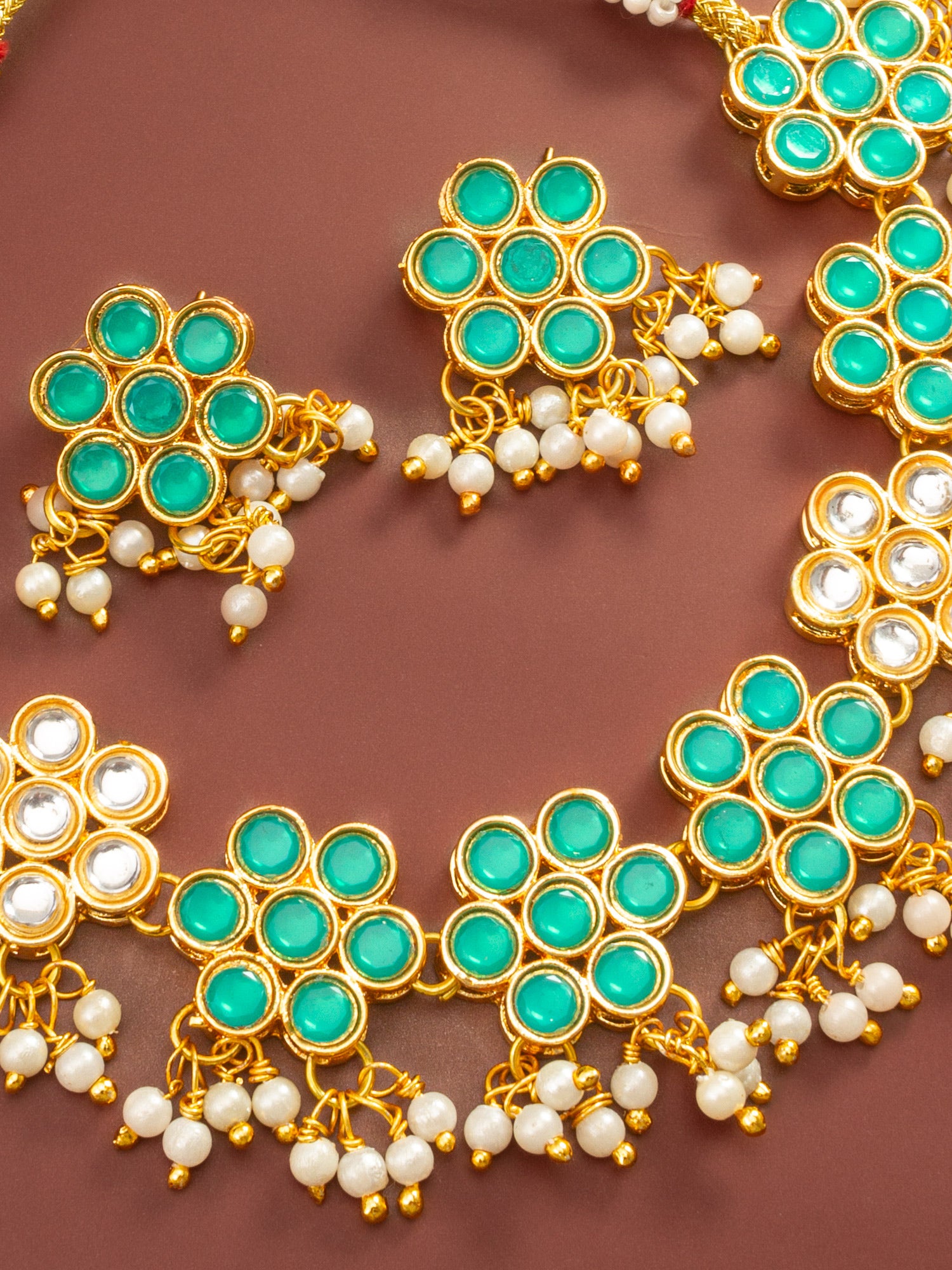 Aadita Gold Plated Green Floral Kundan Necklace Set with Pearls