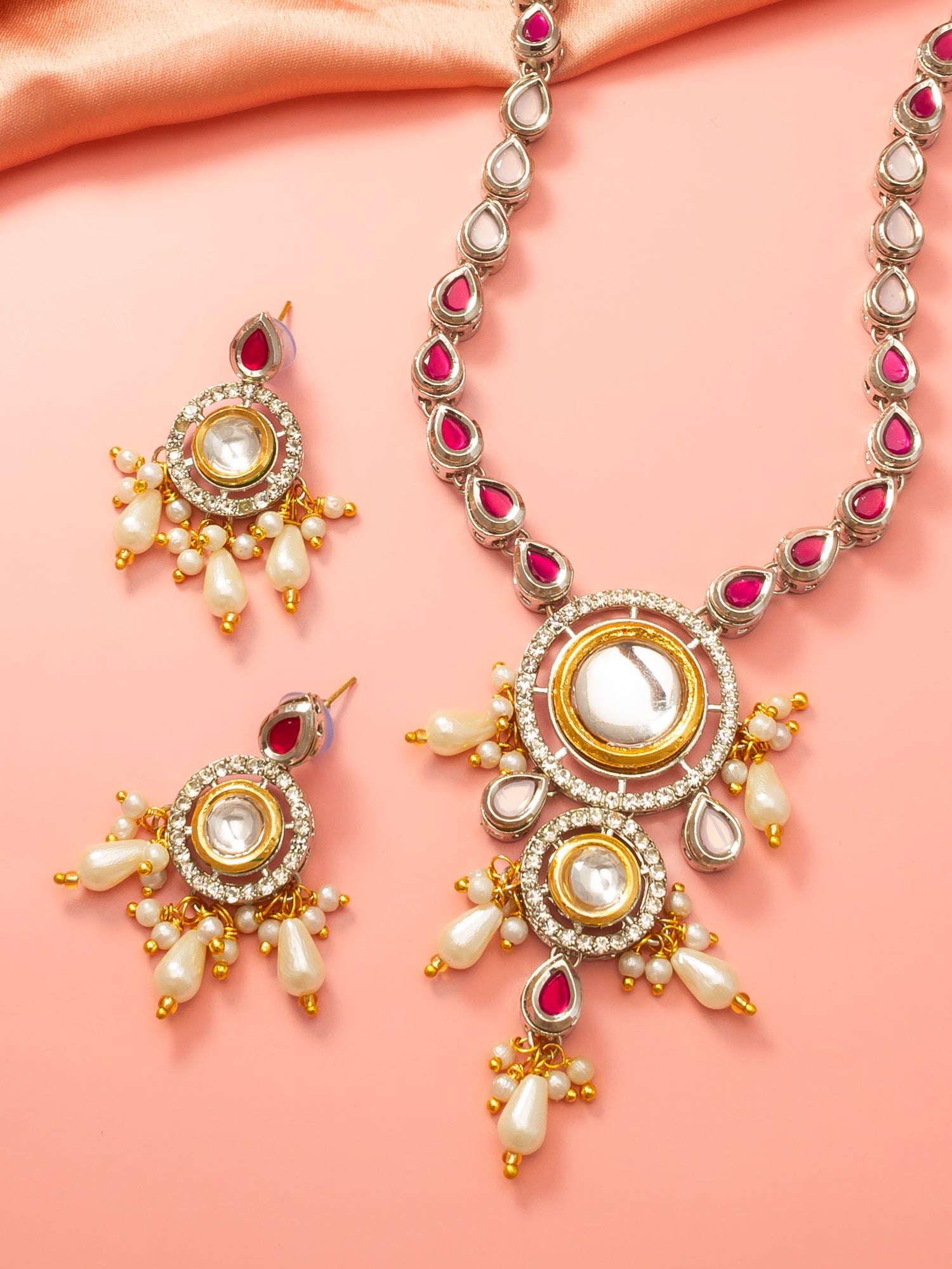 Aadita Kundan Long Necklace Set with Ruby-Tone Stones and Pearl Drops