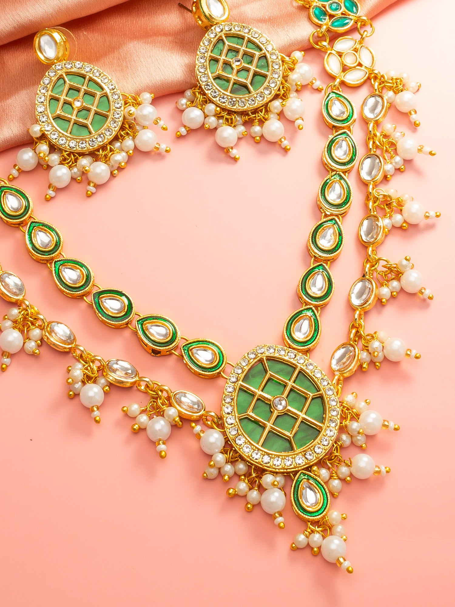 Aadita Green Meenakari Kundan Double-Layer Choker Necklace Set with Pearl Drops and Chandbali Earrings