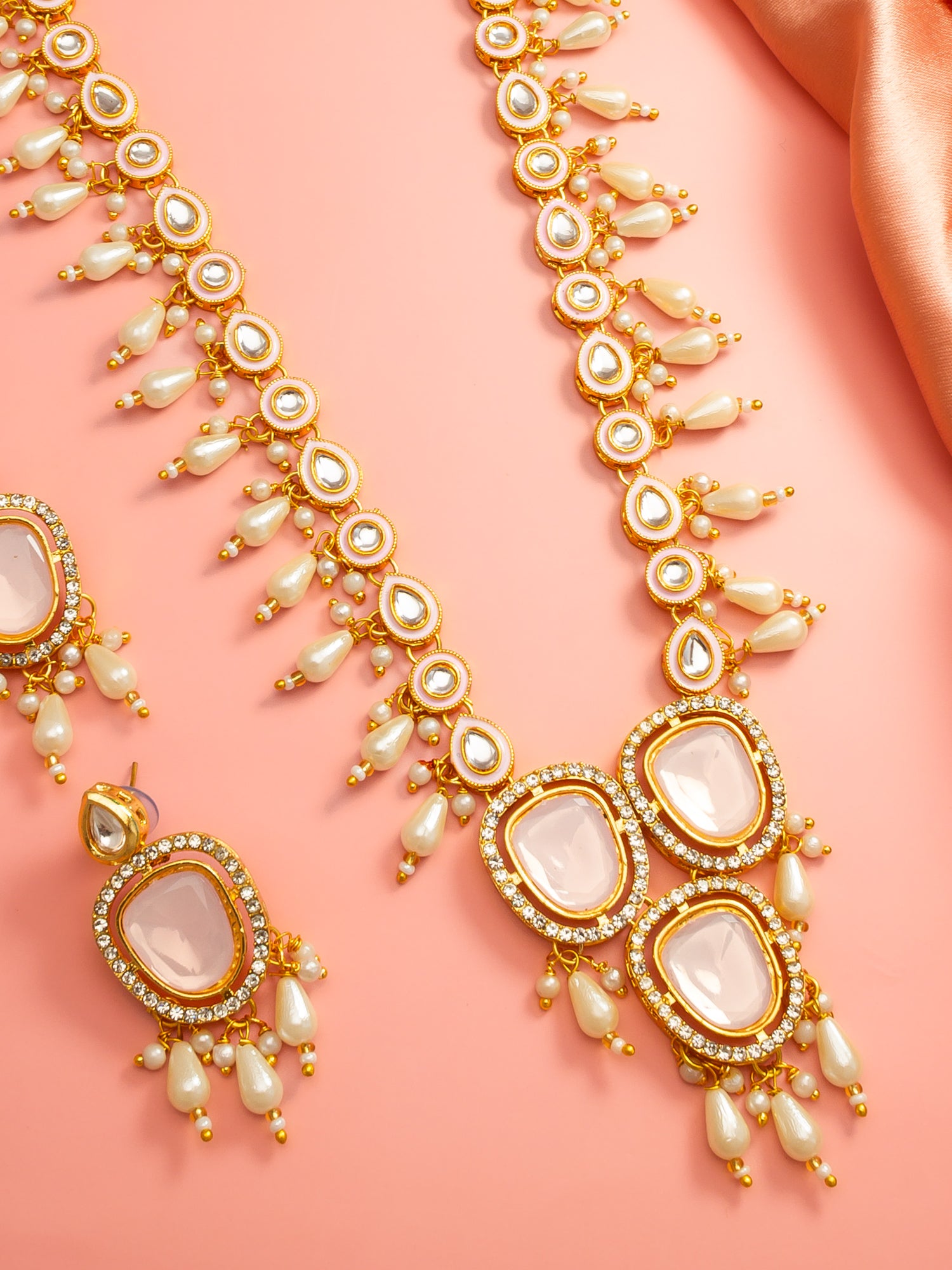 Aadita Gold-Plated Kundan Necklace Set with Stones and Pearl Drops