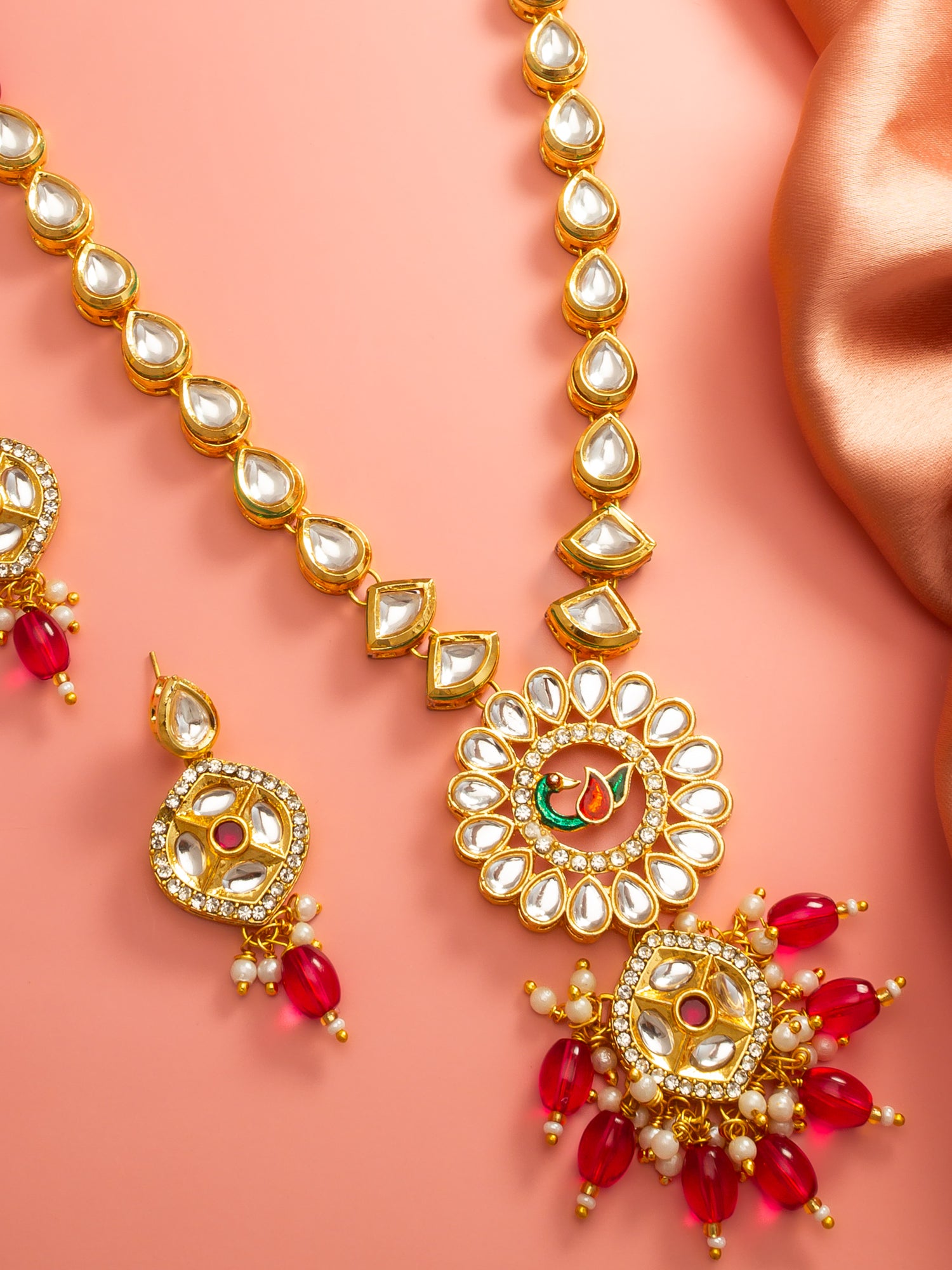 Aadita Gold-Plated Kundan Long Necklace Set with Beads and Floral Meenakari Pendant and Earrings