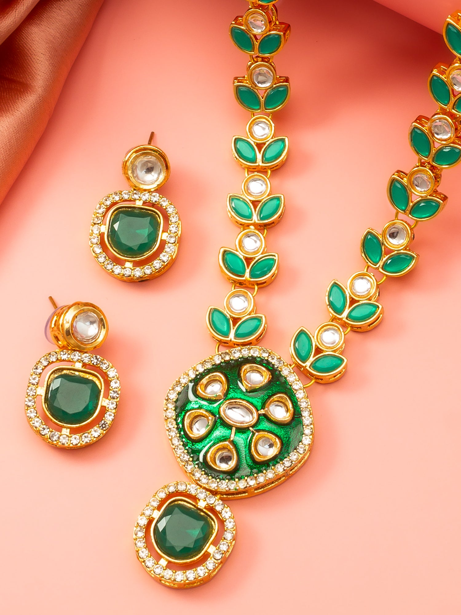 Aadita Gold-Plated Kundan Necklace Set with Green Meenakari Pendant and Pearl Chain and Earrings