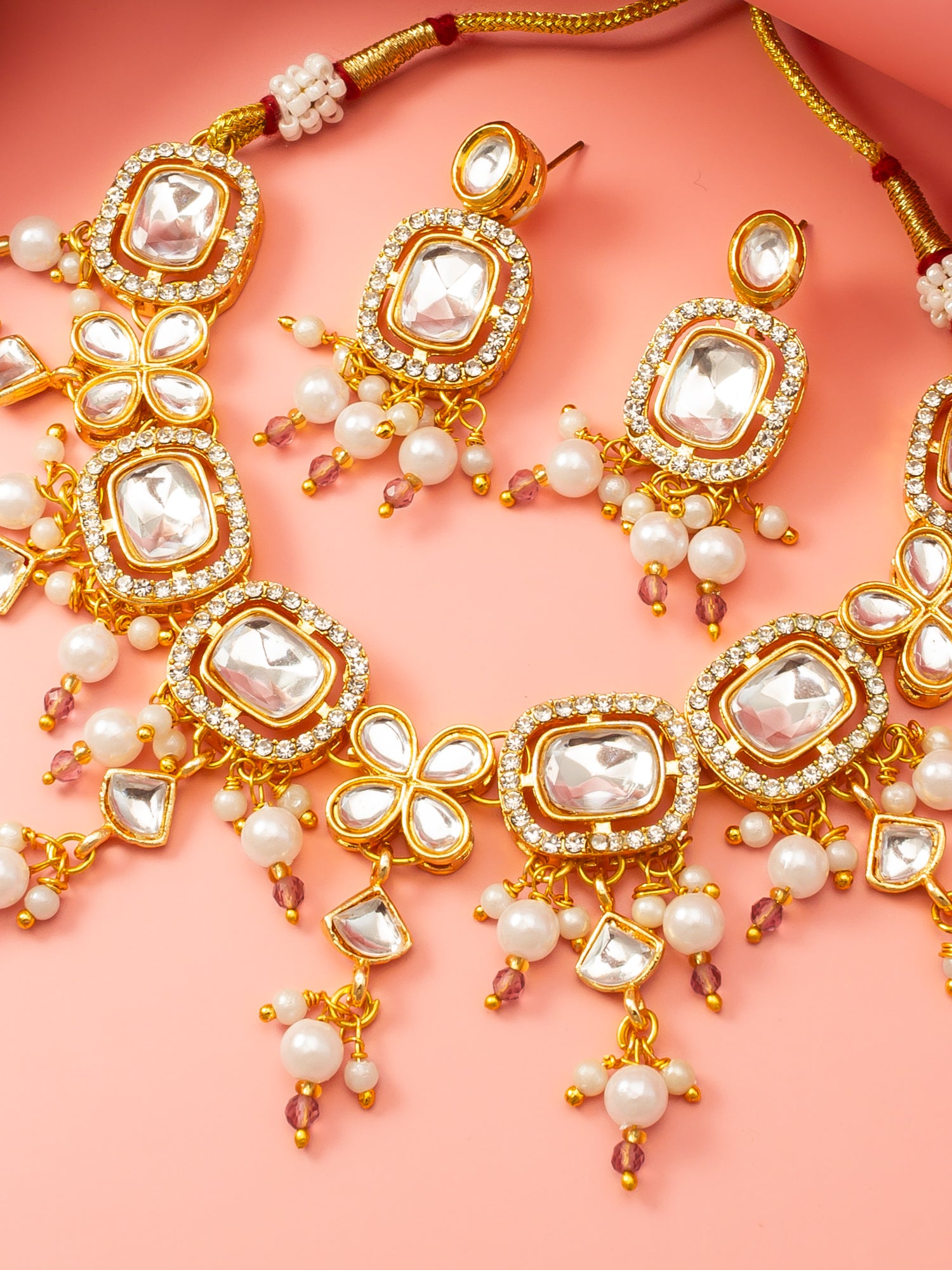 Aadita Gold-Plated Kundan Choker Necklace Set with Crystal Stones and Pearl Drops and Earrings