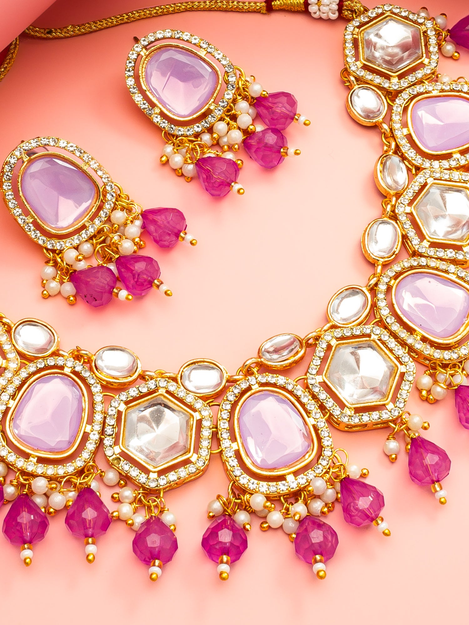 Aadita Gold Plated Necklace Set with Pink Stones and Pearl with Earrings