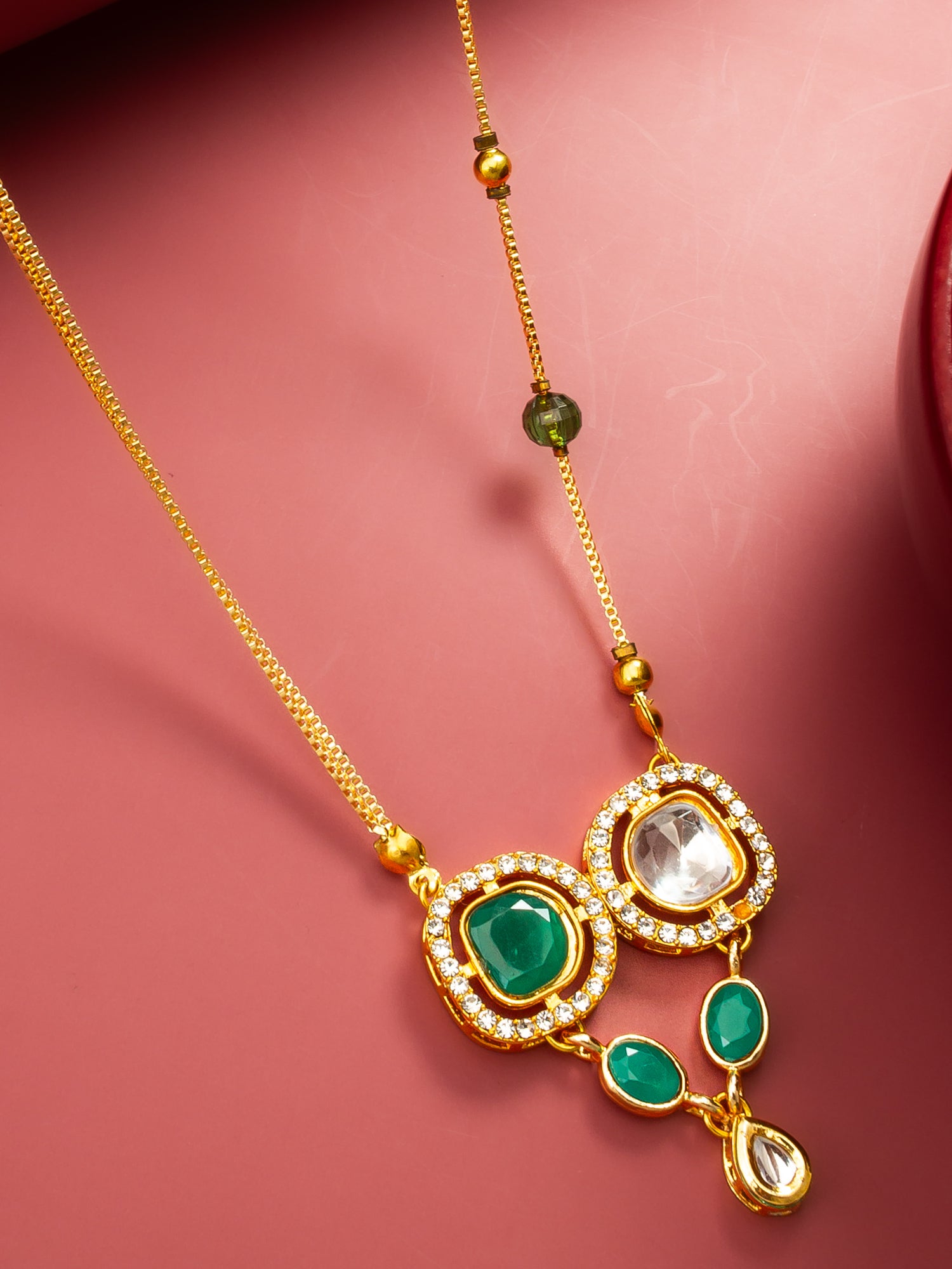Aadita Gold-Plated Kundan and Green Stone Twin Pendant Necklace with Bead Chain