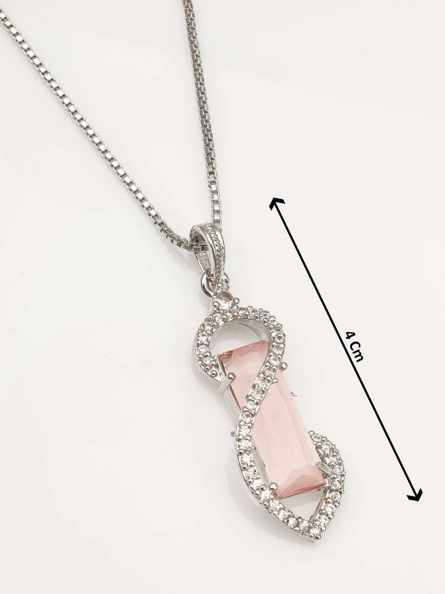 Aadita Silver-Toned Box Chain Pendant with Pink Crystal & Diamond Accents