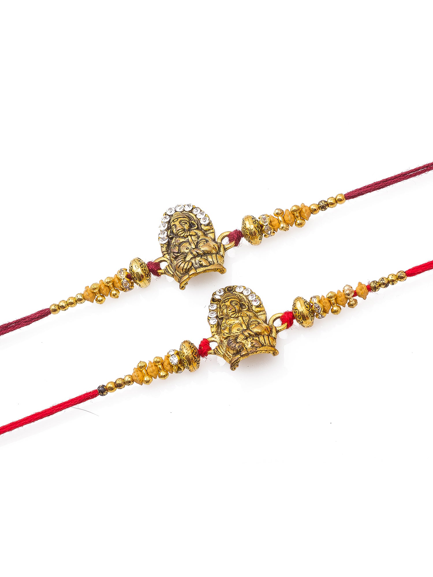 Aadita Ganesh Ji Twin Rakhi Set with Antique Gold Finish and Sparkling Stones