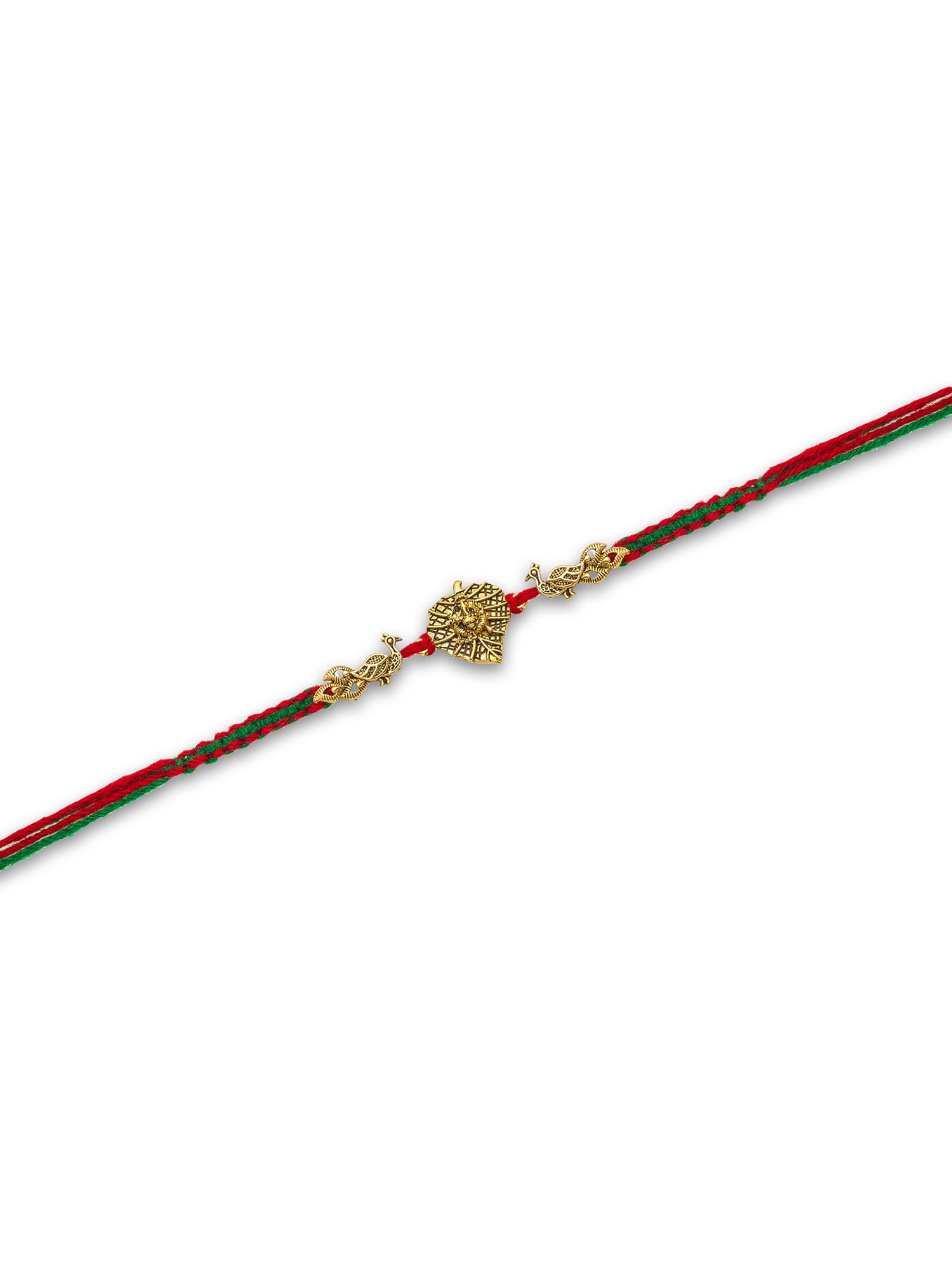 Aadita Ganesh Leaf Rakhi with Twin Peacock Design on Red-Green Thread